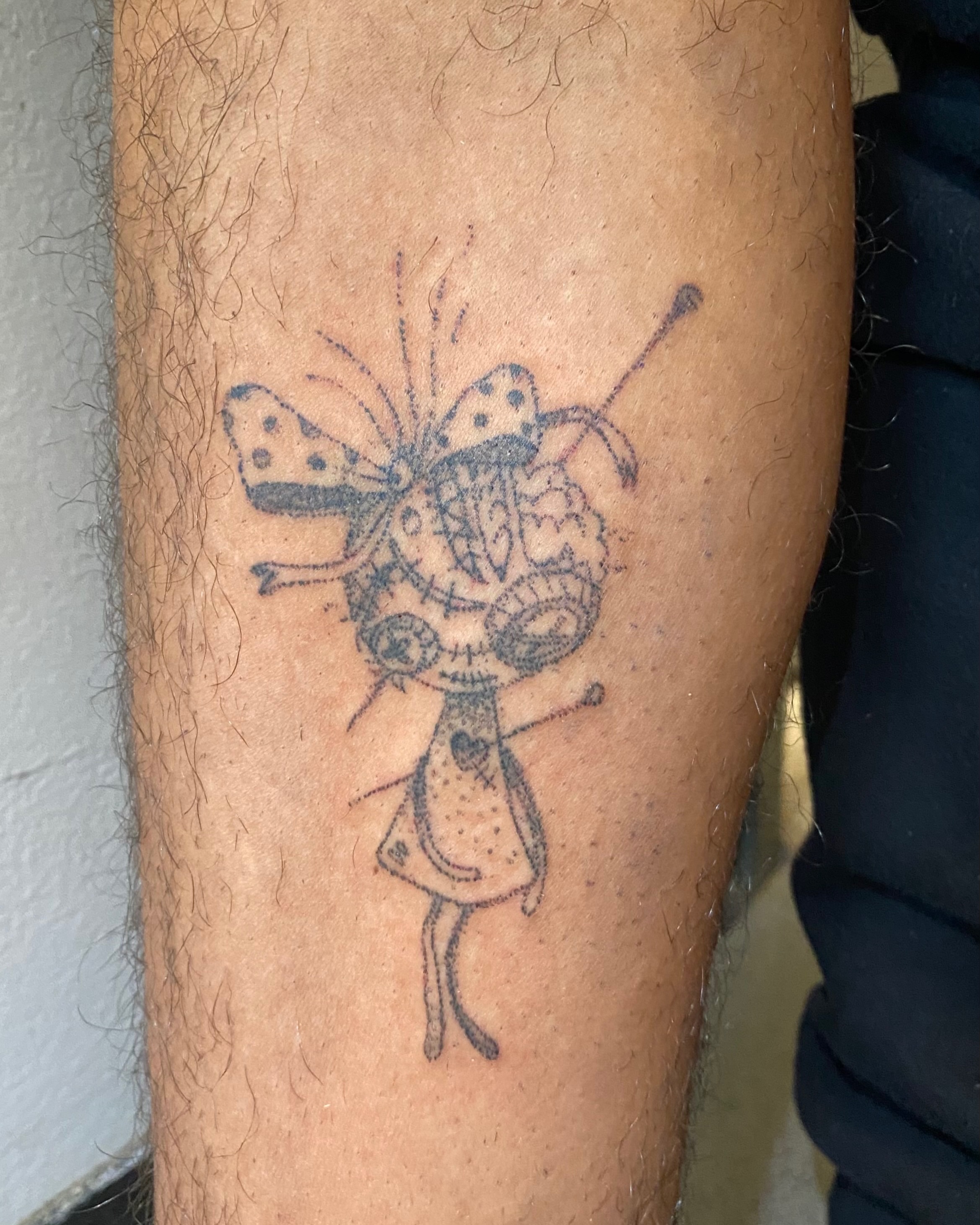 Fairy trash polka tattoo on the forearm by @feverfeverish