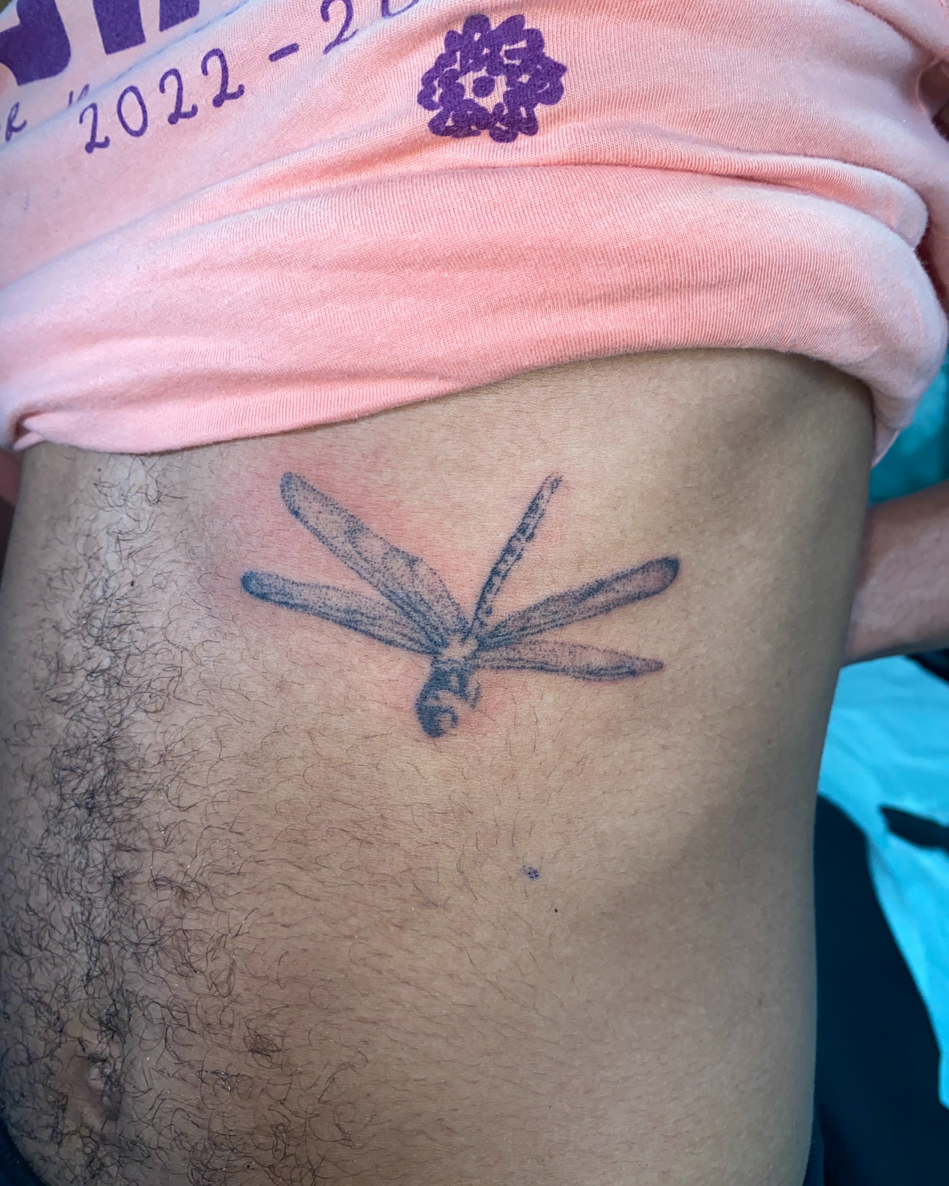 Dragonfly black and grey tattoo on the thigh by @feverfeverish