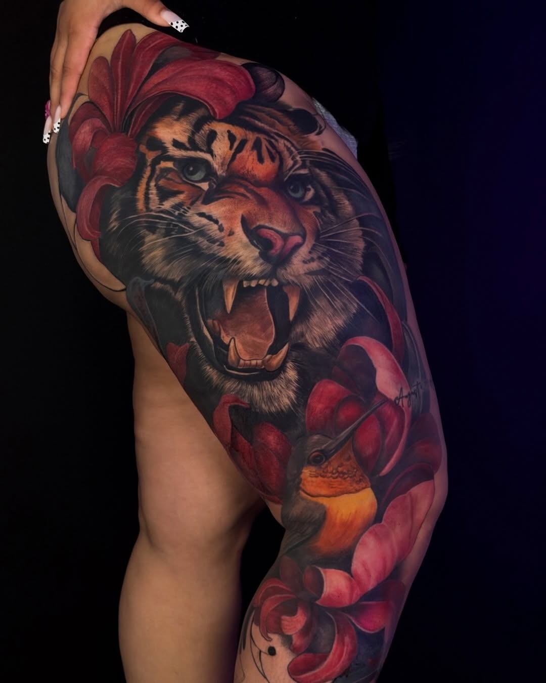 Tiger and hummingbird realism tattoo on the thigh by ✨ Tattoo Artist