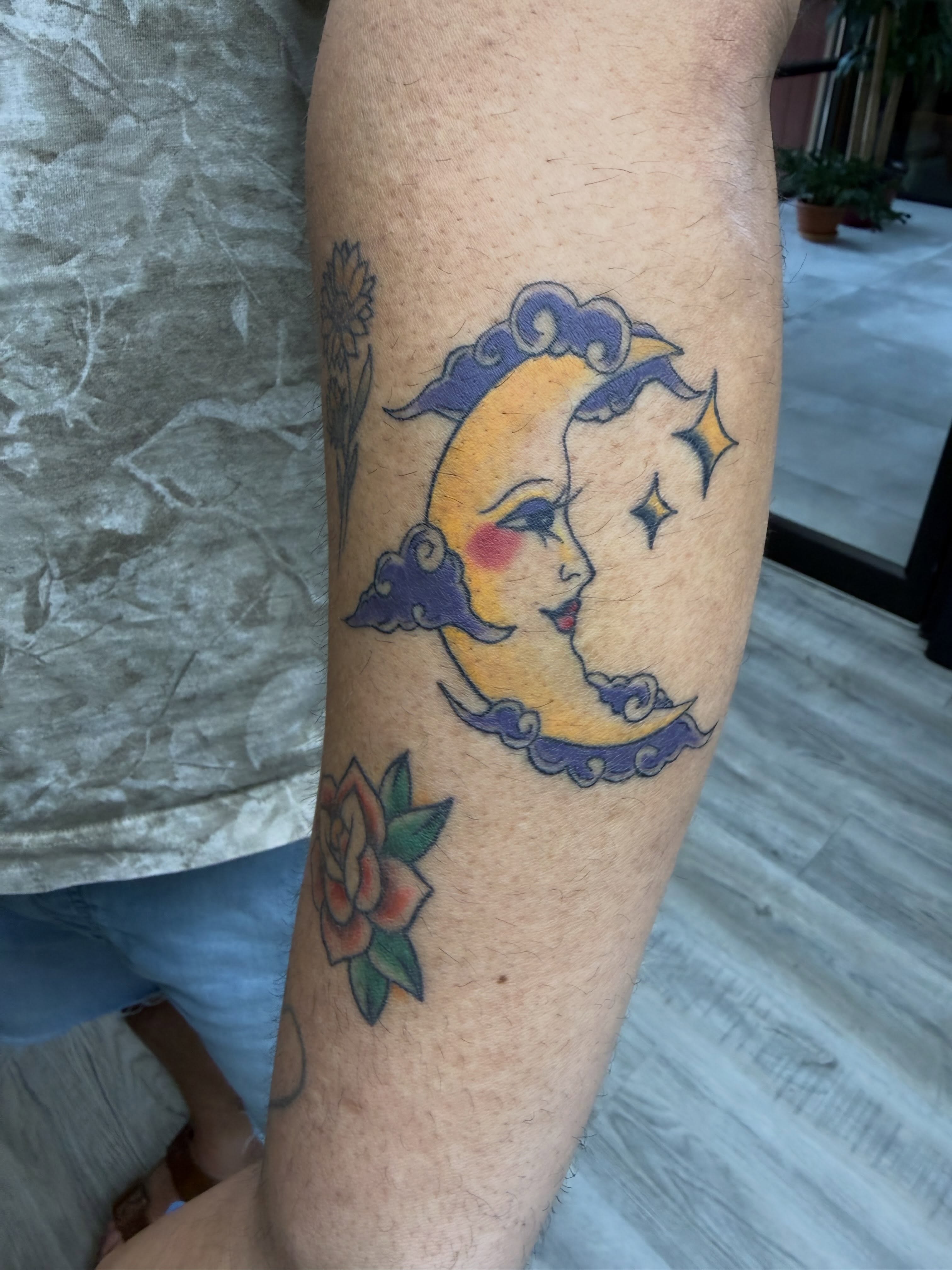 Moon and face American traditional tattoo on the forearm by Liz🗡️Fort Collins🗡️Tattoo Apprentice