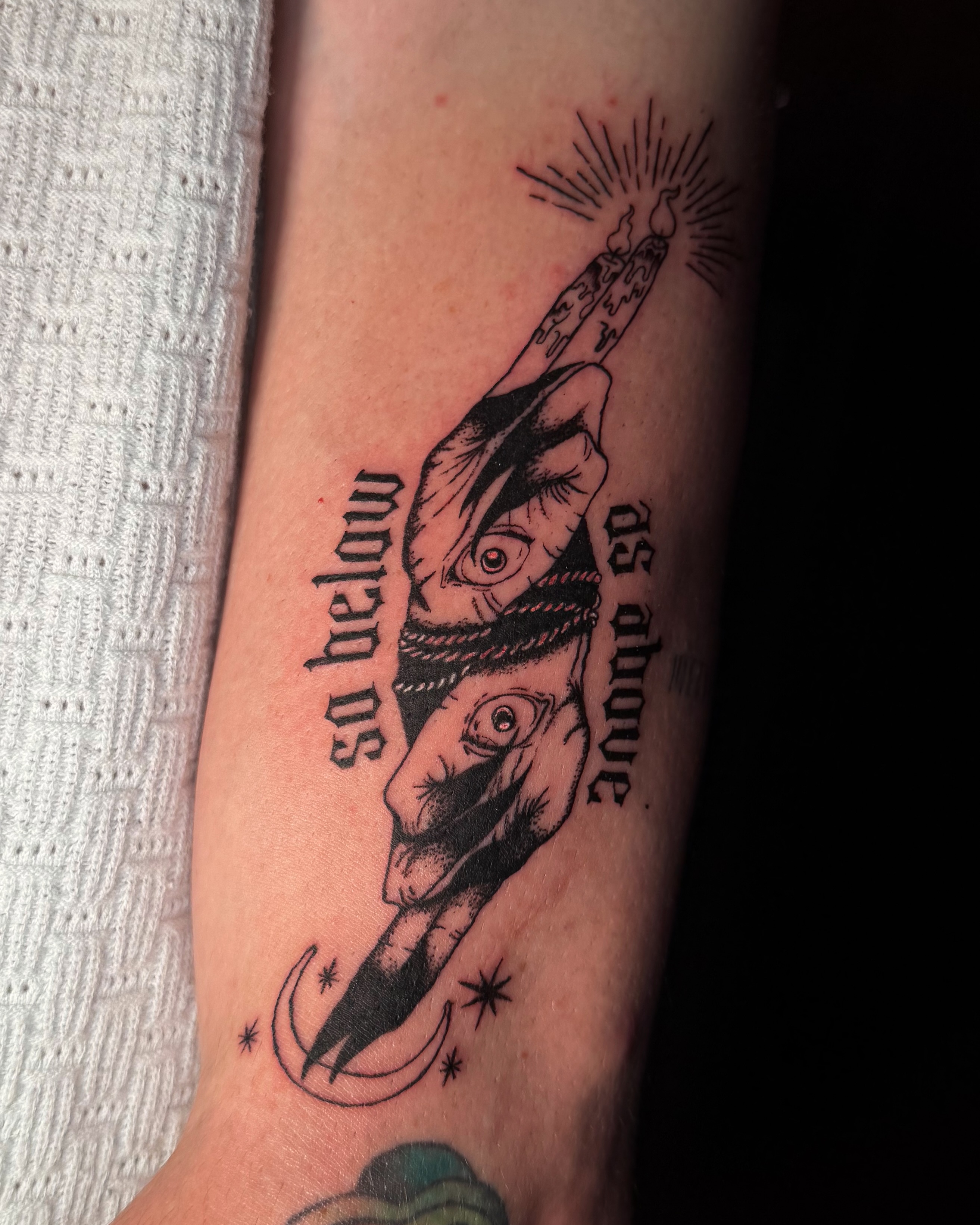Eyes and hands black and grey tattoo on the forearm by Tattoo Artist X Kamm, Salt Lake City, Utah