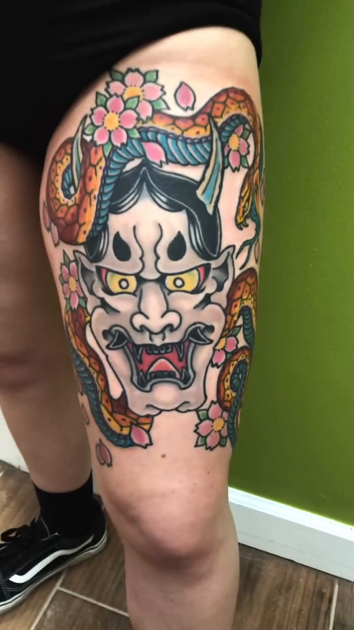 Oni mask with snake japanese irezumi tattoo by Waylon