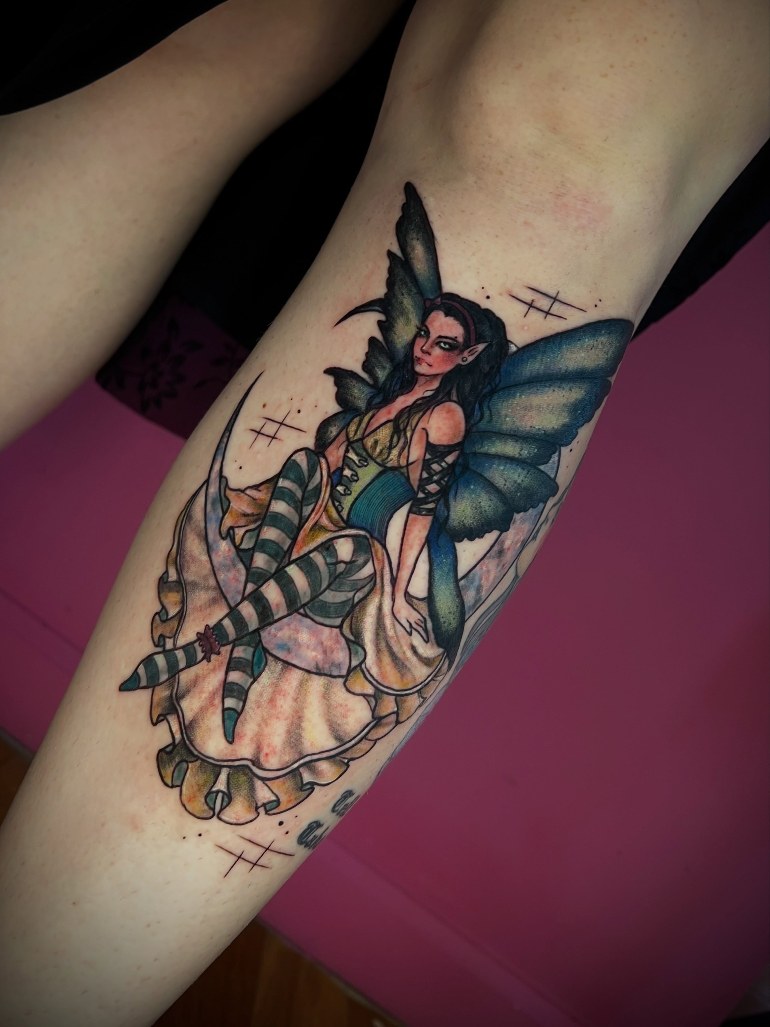 Fairy American traditional tattoo on the forearm by jessica valentine