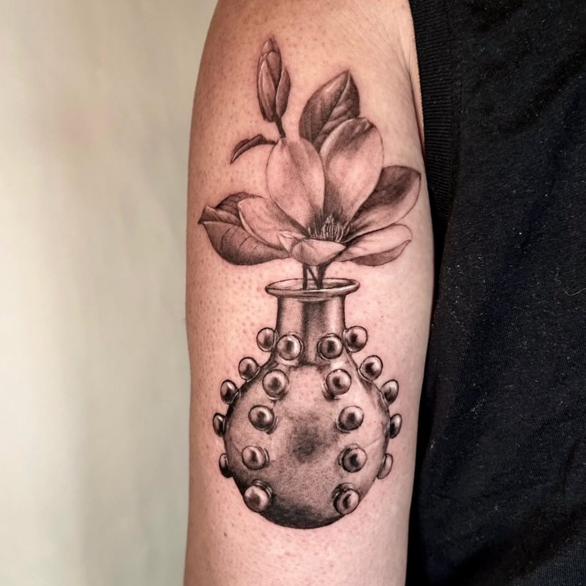 Flower in vase realism tattoo on the forearm by Longtea