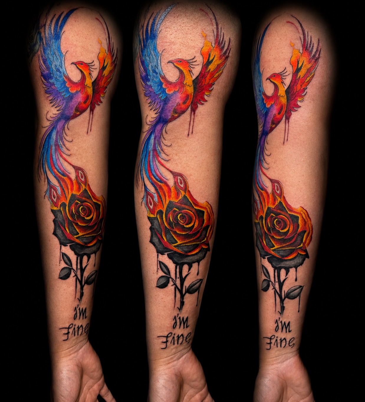 Phoenix and rose watercolor tattoo on the forearm by Houston Tattoo Artist