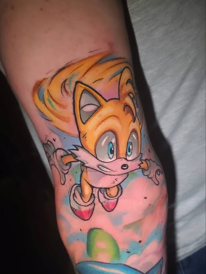 Tails new school tattoo on the forearm by Cody Gower Tattoo Artist