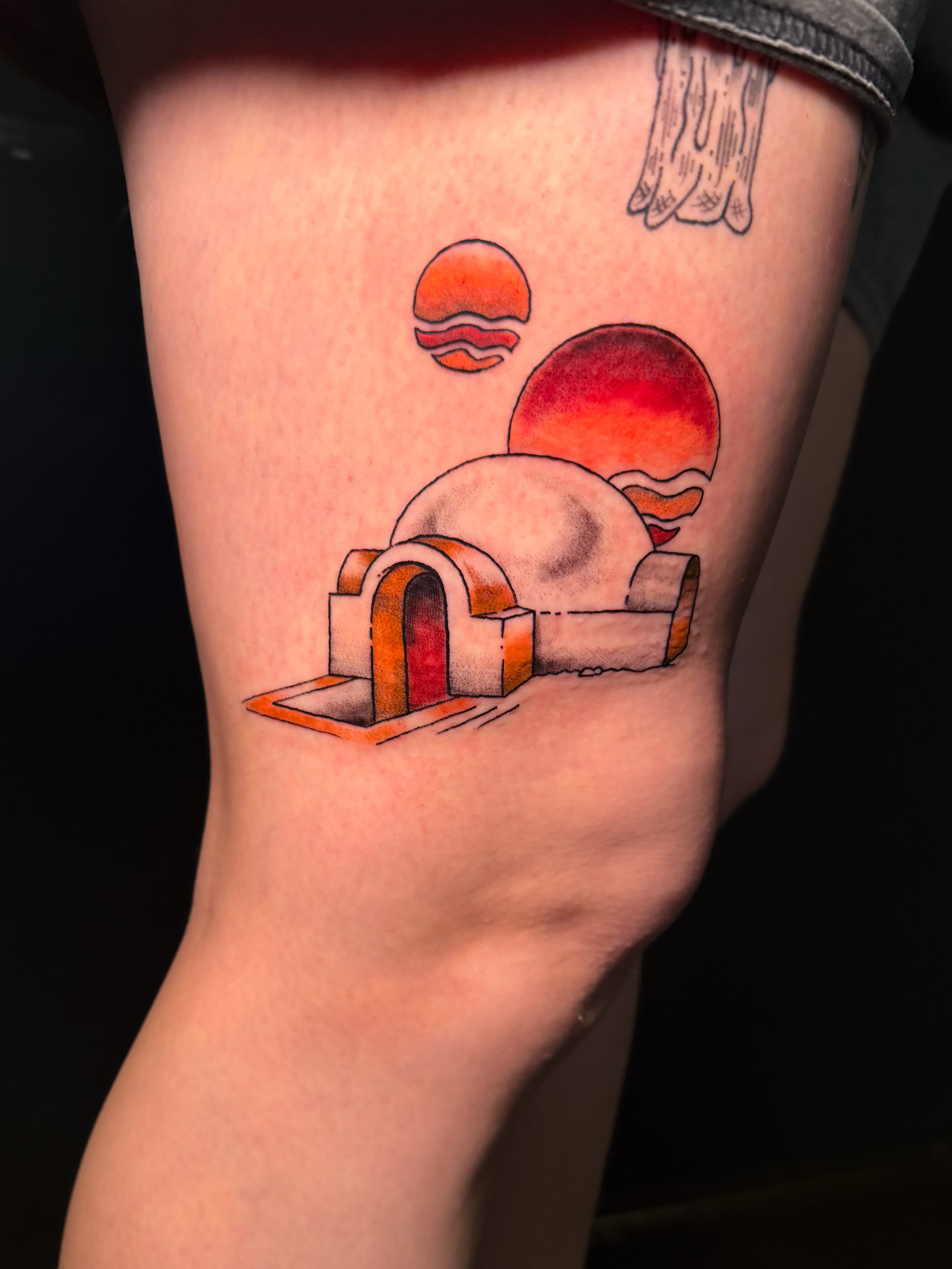 Igloo and sunset geometric tattoo on the forearm by Ivy-Jade Edwards, Memphis, Tennessee