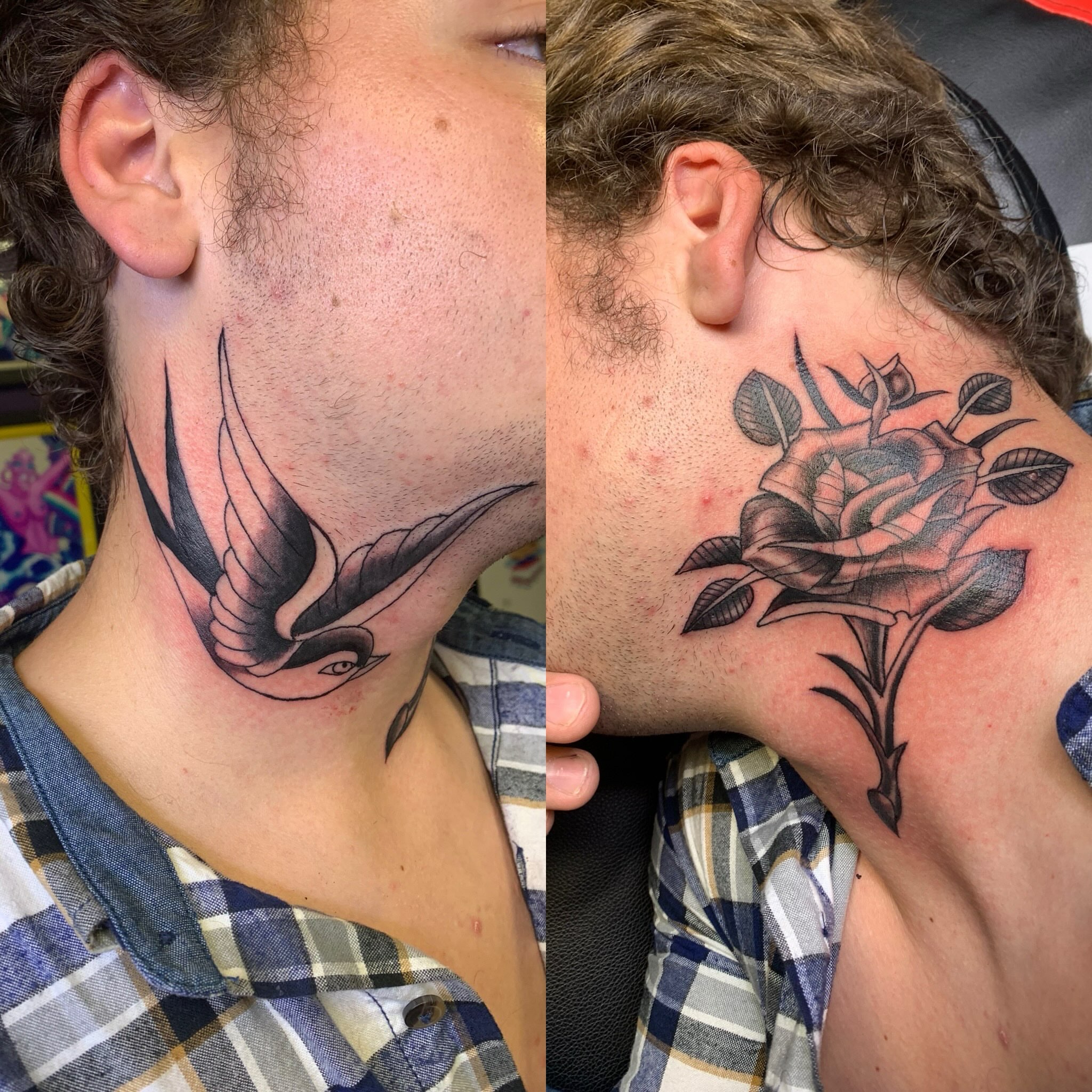 Swallow and rose black and grey tattoo on the neck by El Kapitan