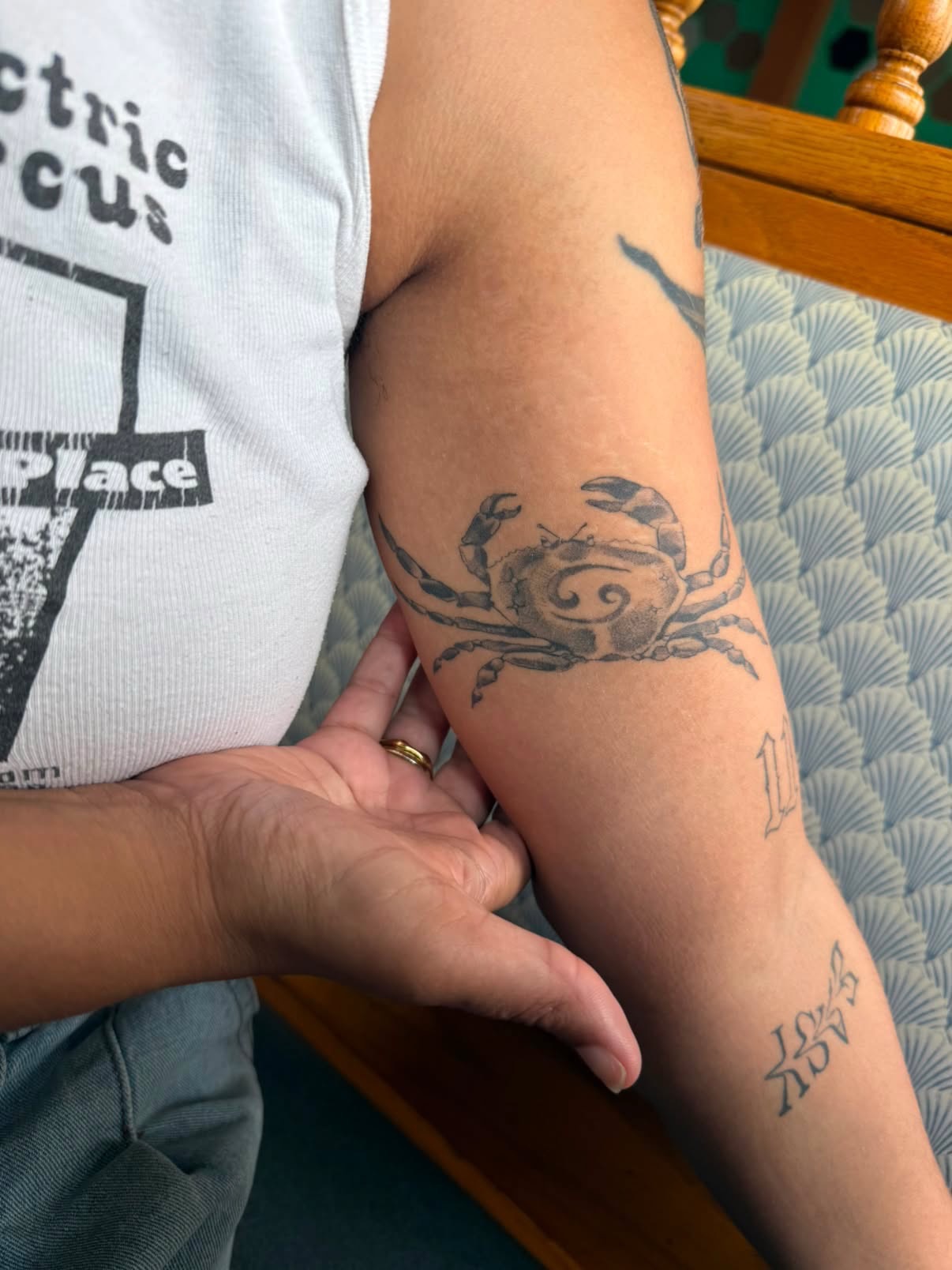 Crab black and grey tattoo on the forearm by Sadie Spades Philly Tattoos