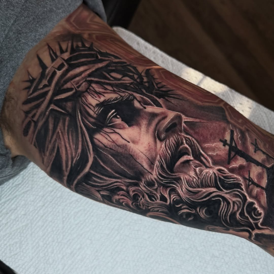 Jesus Christ realism tattoo on the forearm by Summer Rain