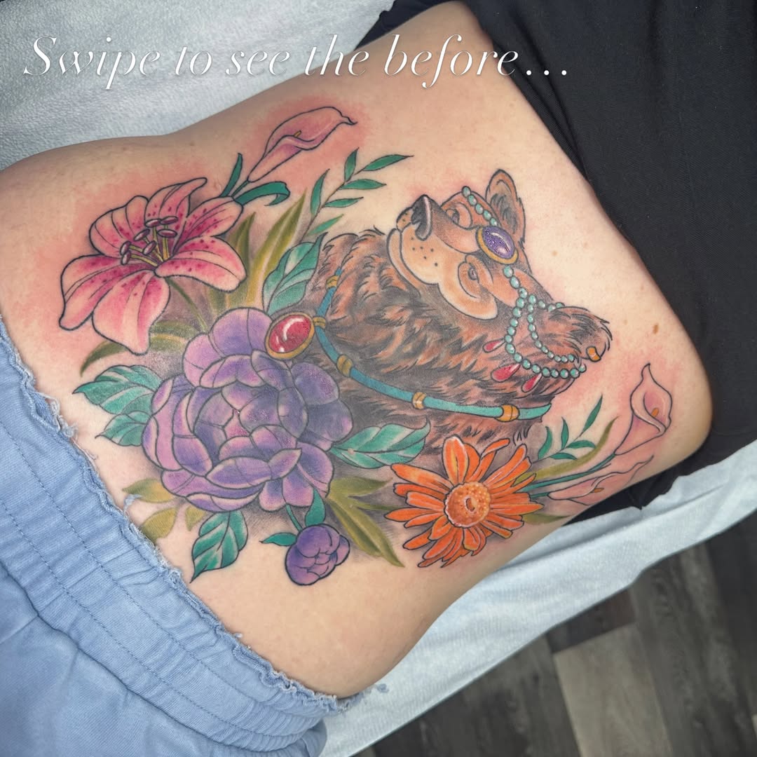 Bear with flowers new school tattoo on the thigh by Halle Haas