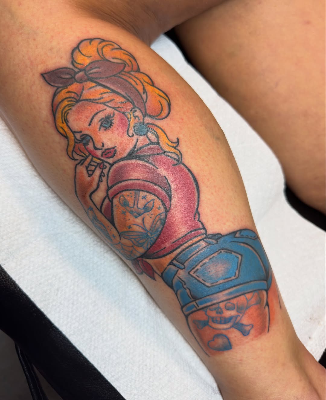 Pin-up girl with pirate theme American traditional tattoo on the forearm by 𝗞𝗮𝘁 𝗕𝗹𝗮𝗻𝗸𝗲𝗻𝘀𝗵𝗶𝗽