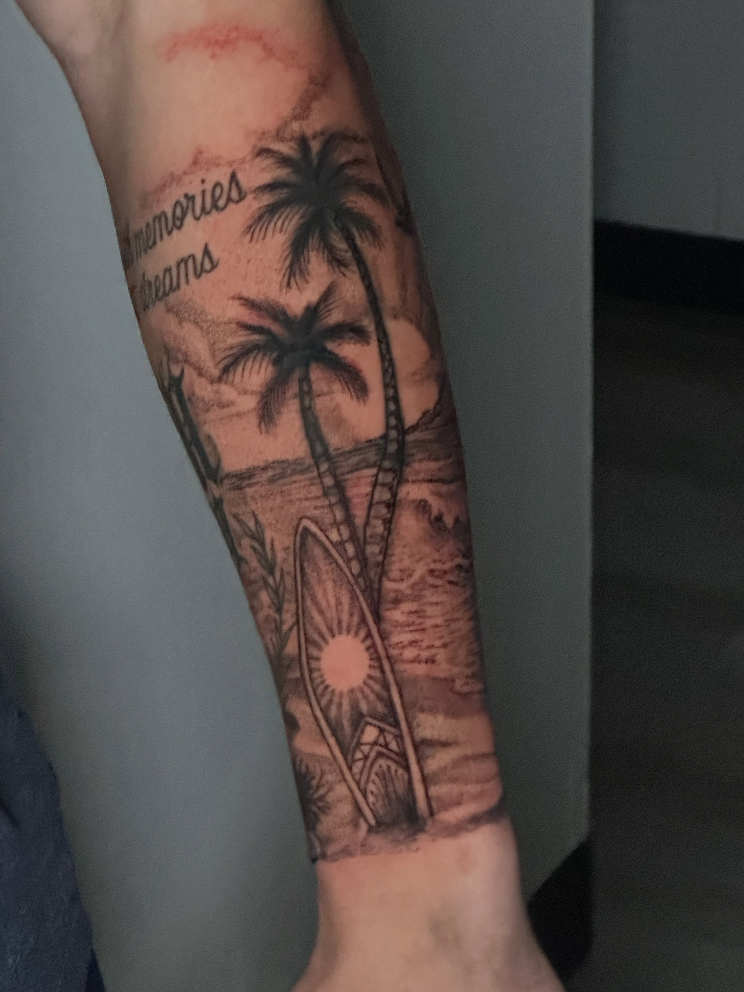 Beach scene realism tattoo on the forearm by Javierr Jimenezz