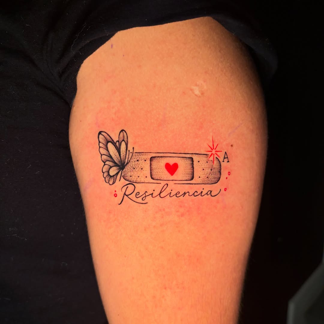 Band aid with heart dotwork tattoo on the thigh by @getmoneetattz