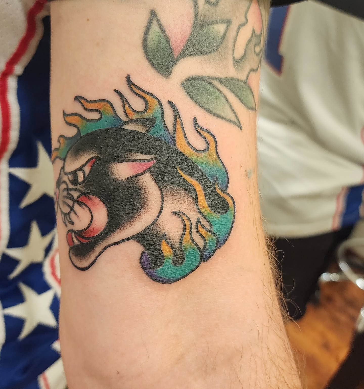 Pig with flames American traditional tattoo on the forearm by mikayla
