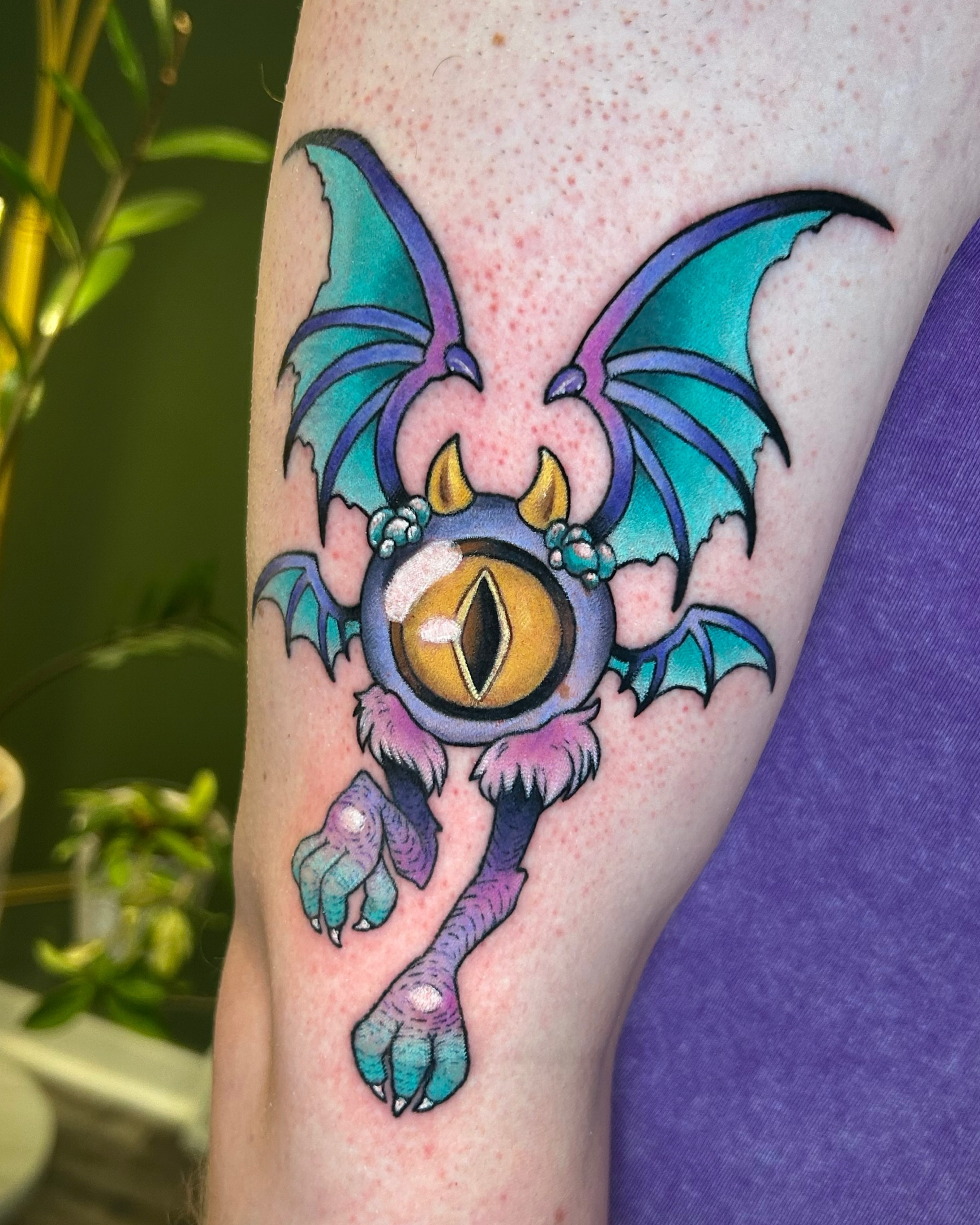 Bat-like creature new school tattoo on the forearm by Zephyr