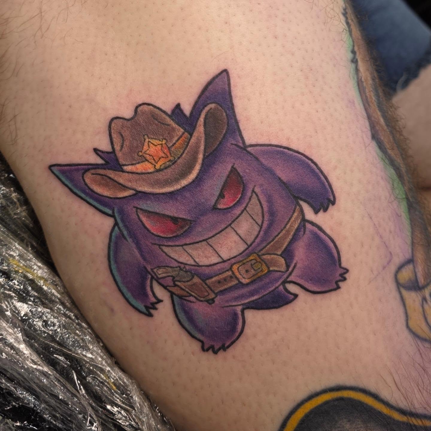 Gengar American traditional tattoo on the thigh by Kayla Williams