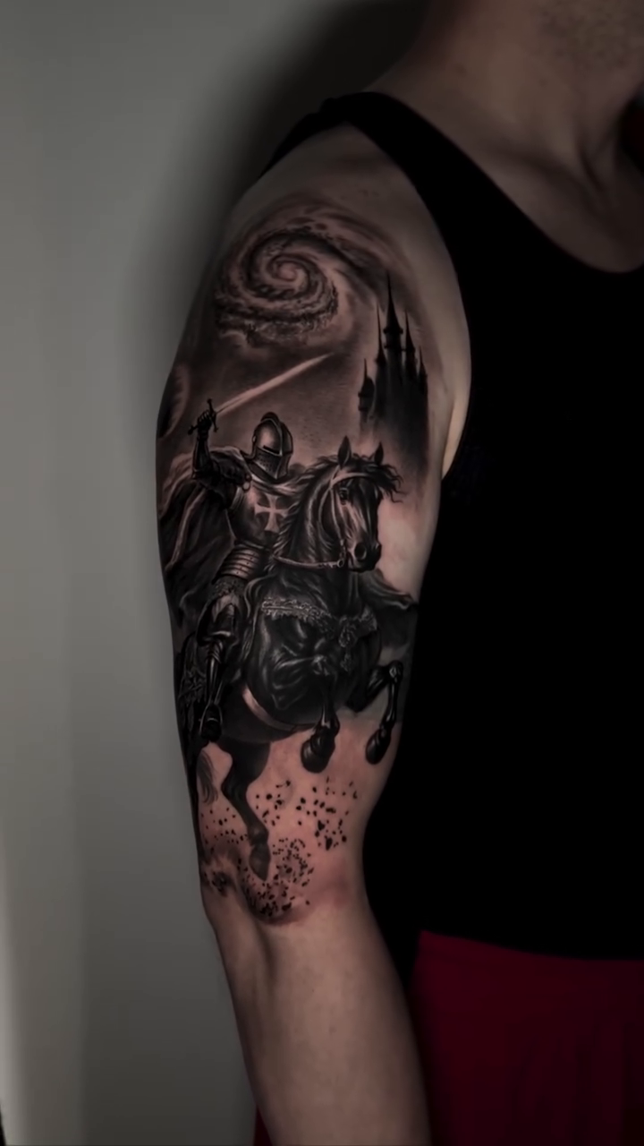 Knight and horse dark realism tattoo by Cipri Suciu