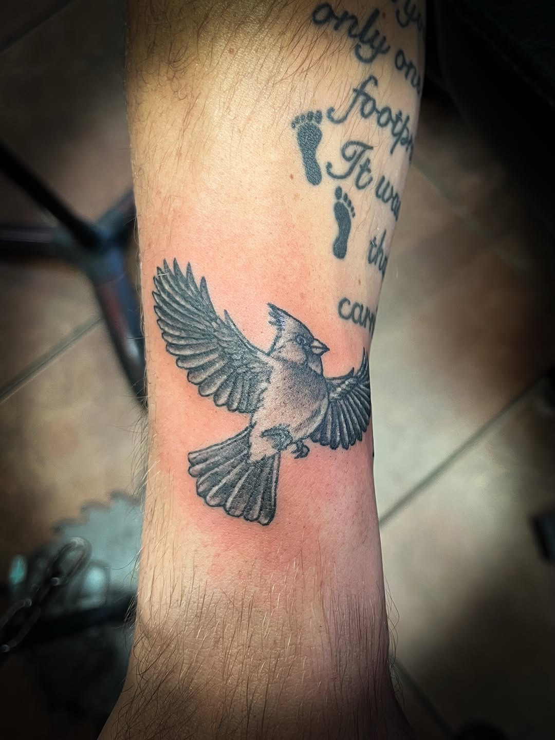 Cardinal bird tattoo on the forearm by Melissa Peña NYC