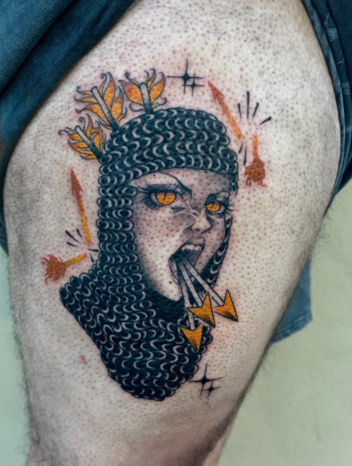 Woman with horns dotwork tattoo on the thigh by 𝔅𝔞𝔱𝔅𝔬𝔫𝔢 🦇Mariah Hernandez