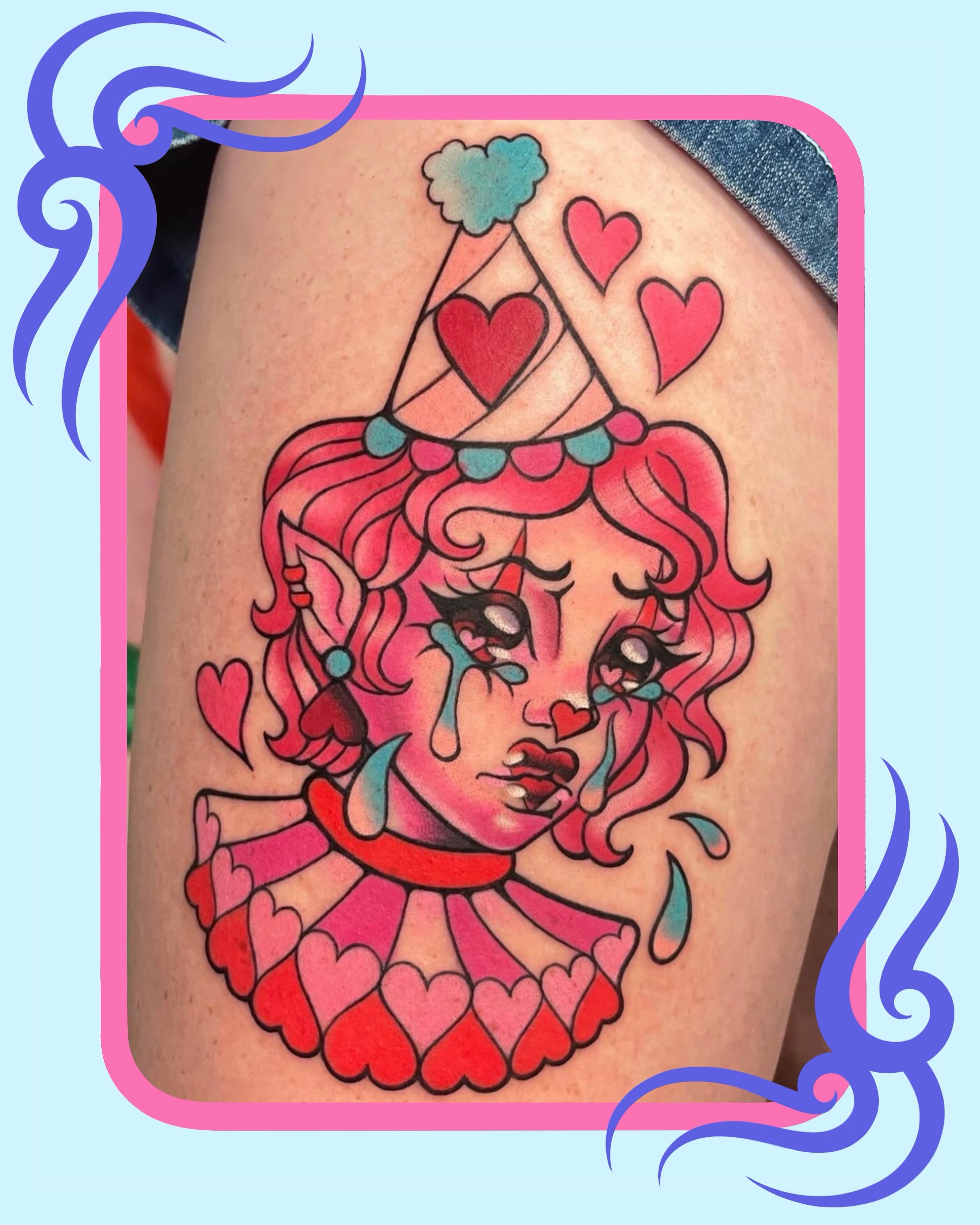 Clown American traditional tattoo on the thigh by ☆ Sammy ☆