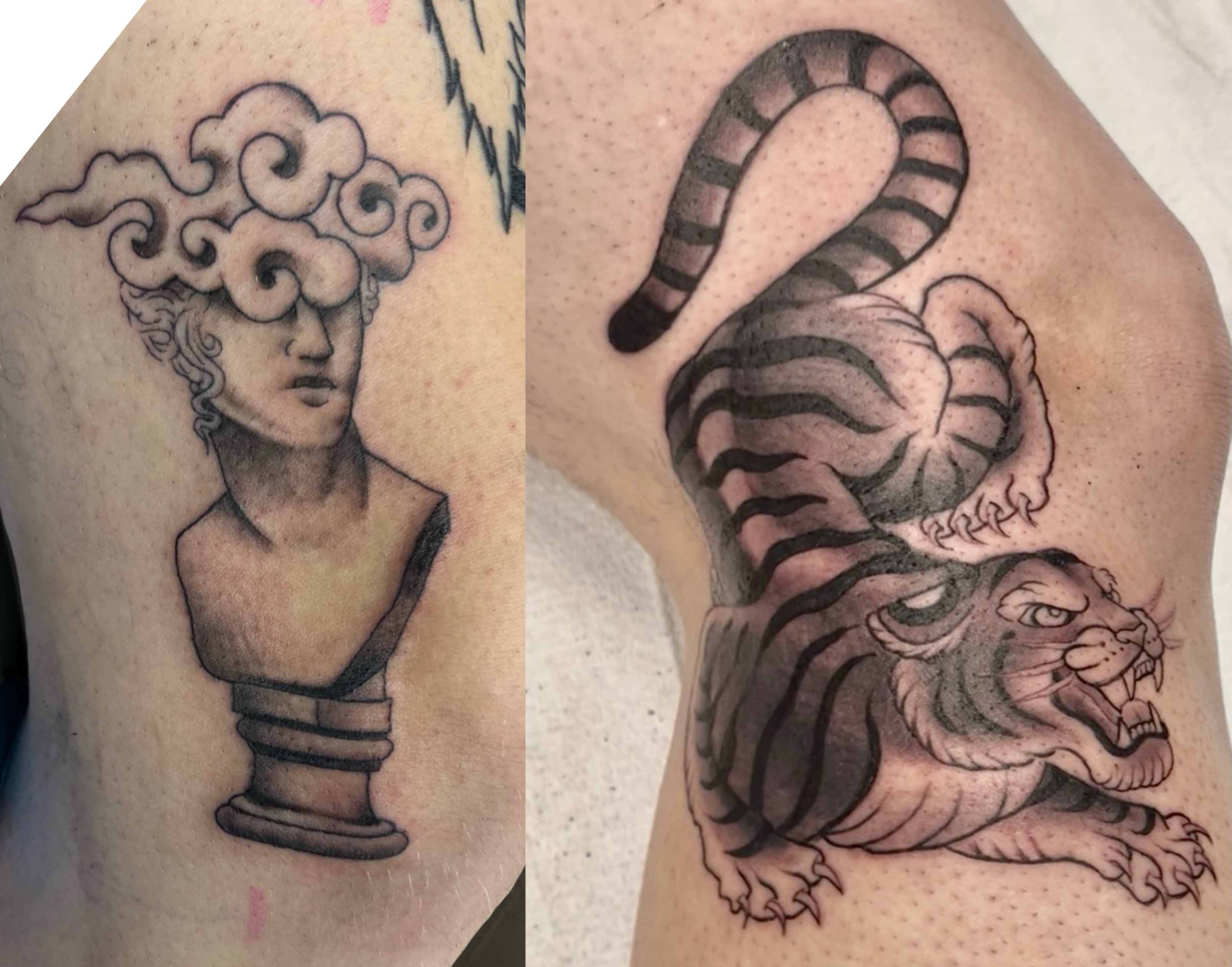 Medusa bust American traditional tattoo on the thigh by Brianna Jo Ballinghoff