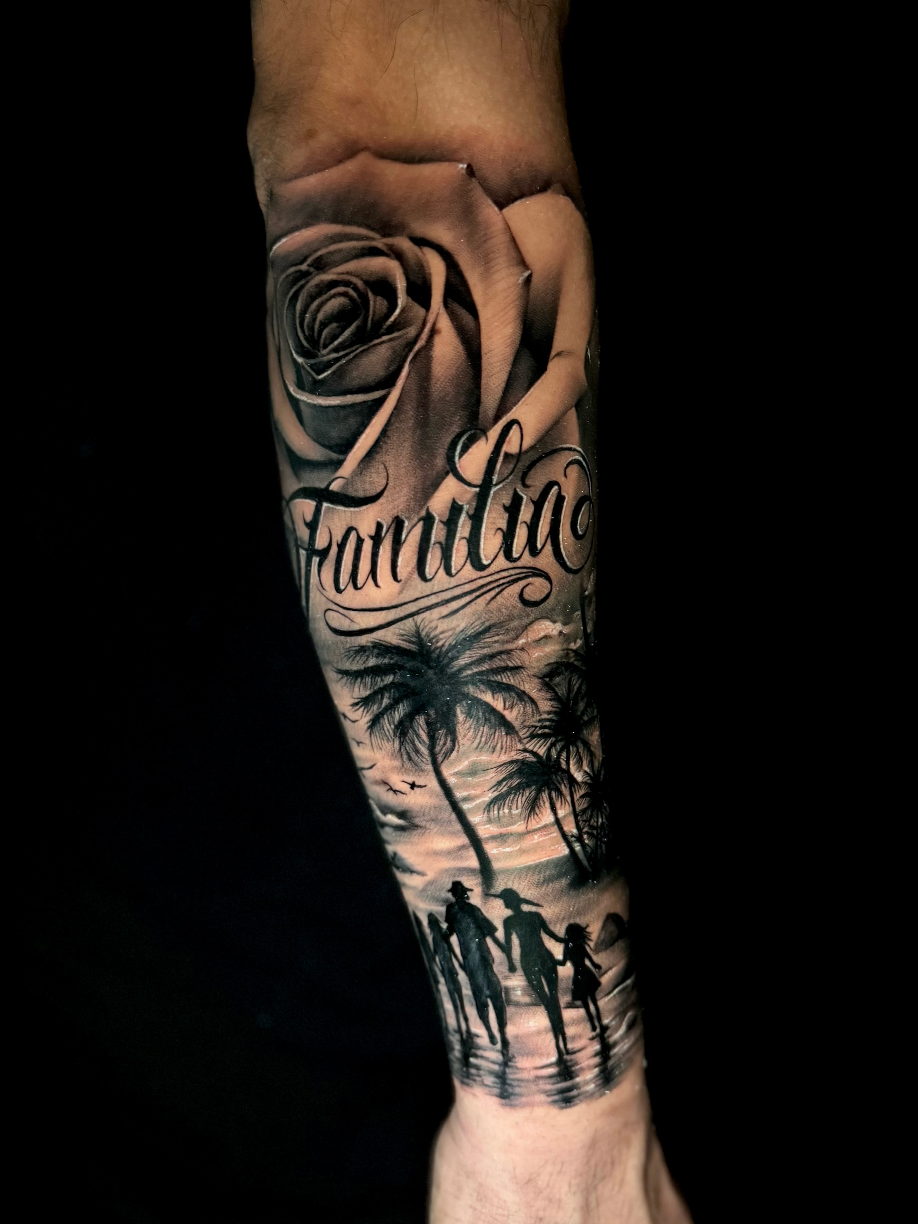 Family silhouette realism tattoo on the forearm by Georgianna Ink, Las Vegas, Nevada