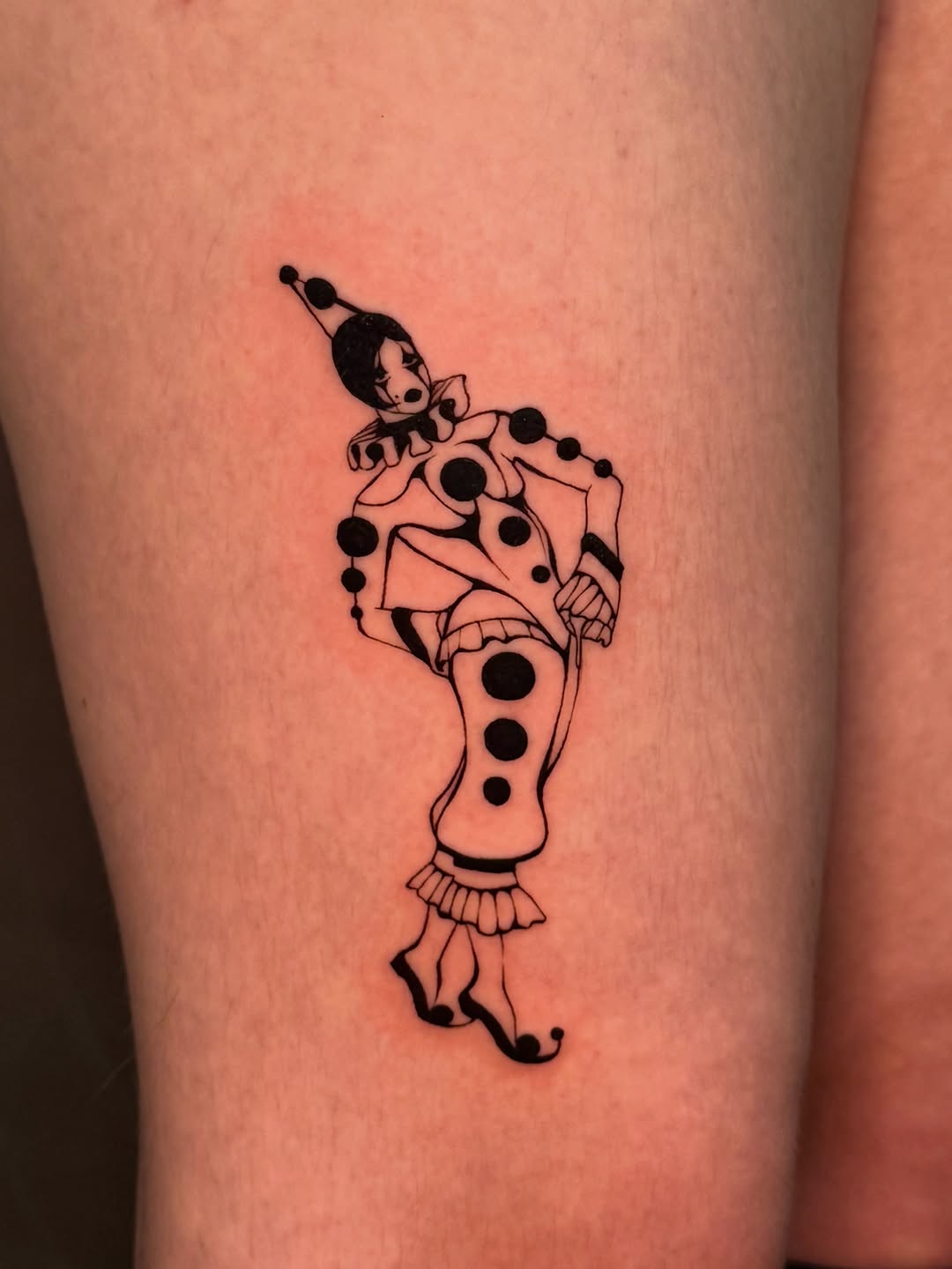 Harlequin clown realism tattoo on the thigh by ༺♡༻ Melia’s Dolls ༺♡༻