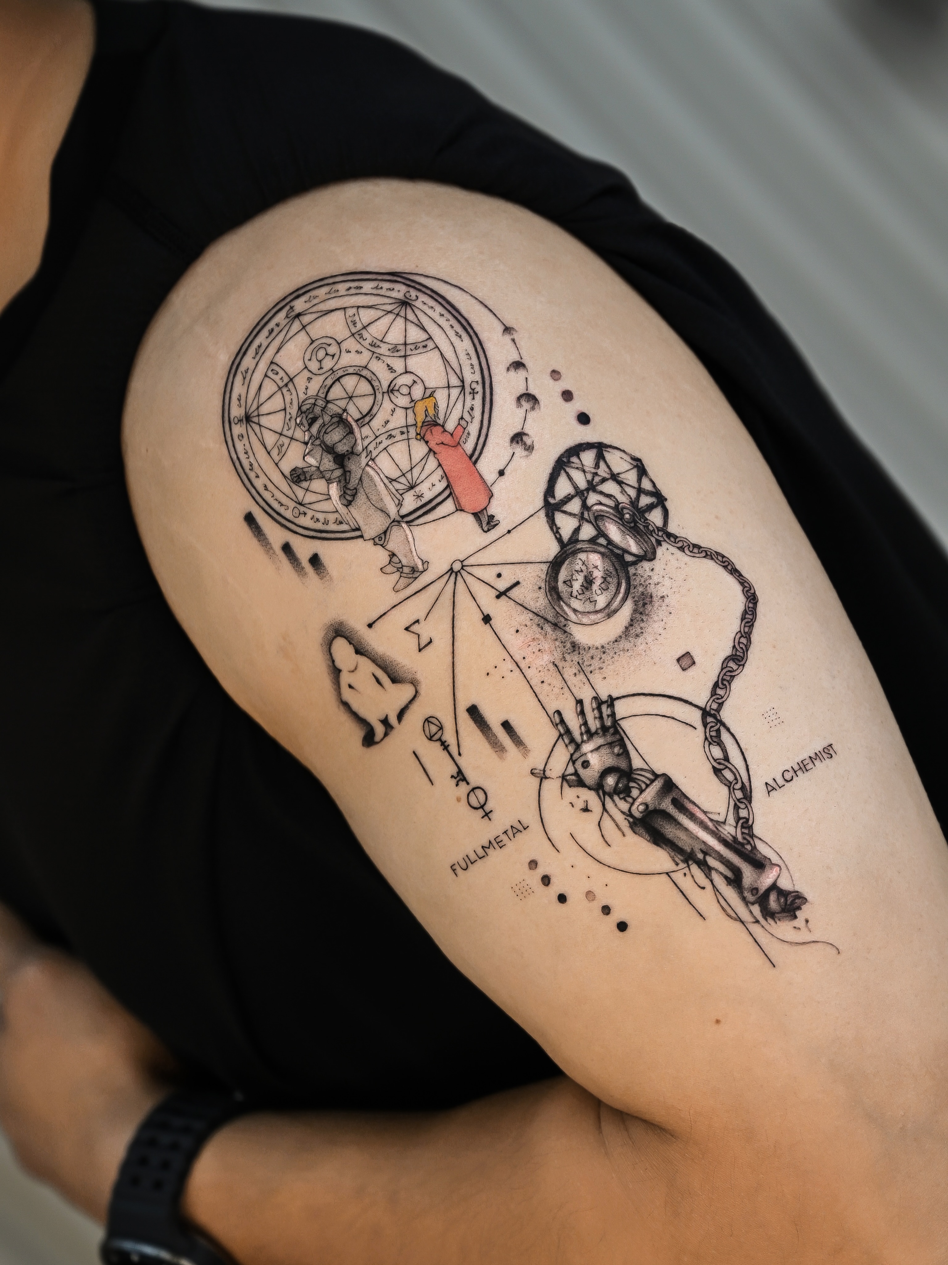 Fullmetal alchemist dotwork tattoo on the thigh by Kimi