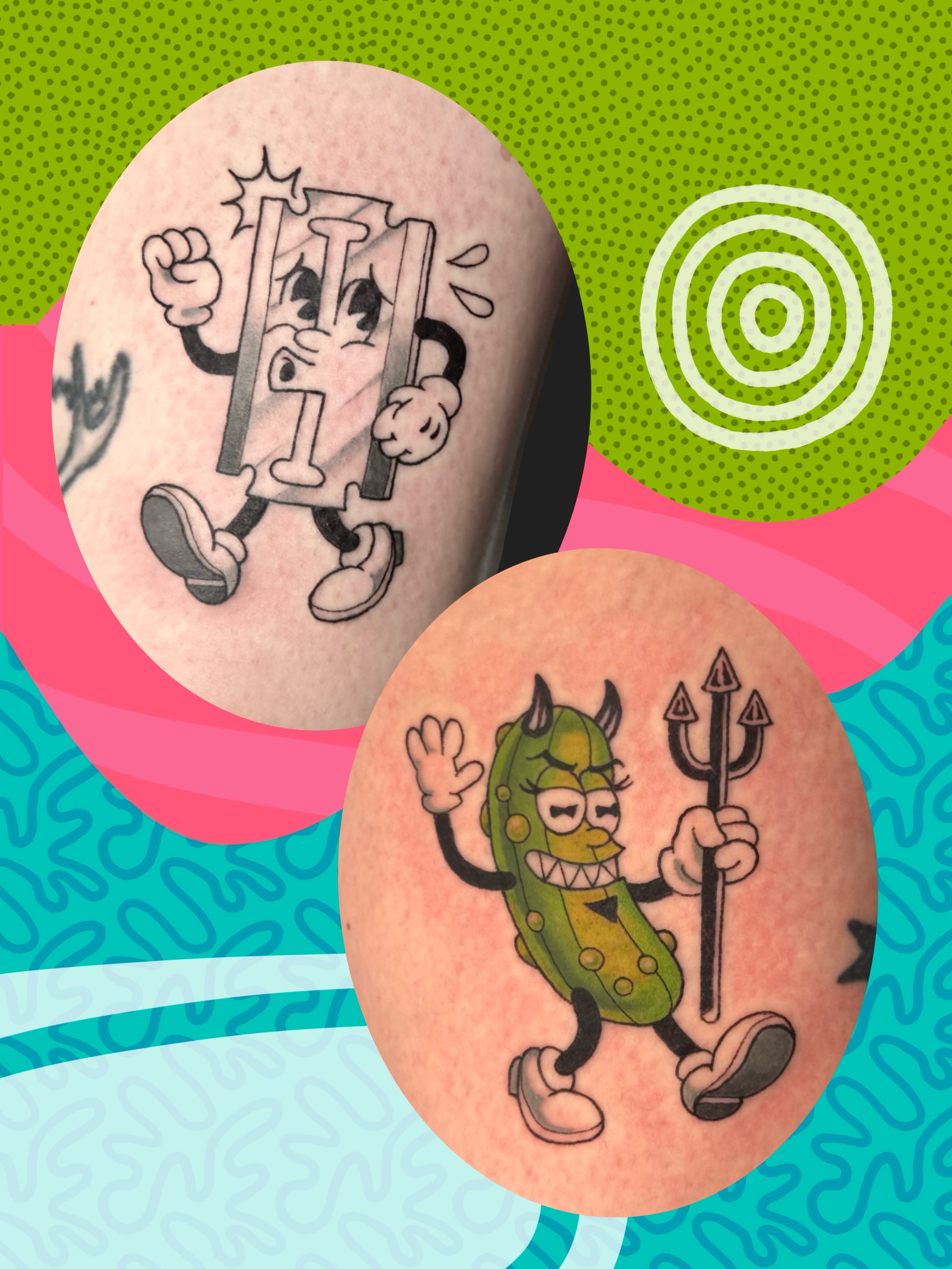 Pickle devil new school tattoo on the forearm by π. ππππ, San Francisco, California