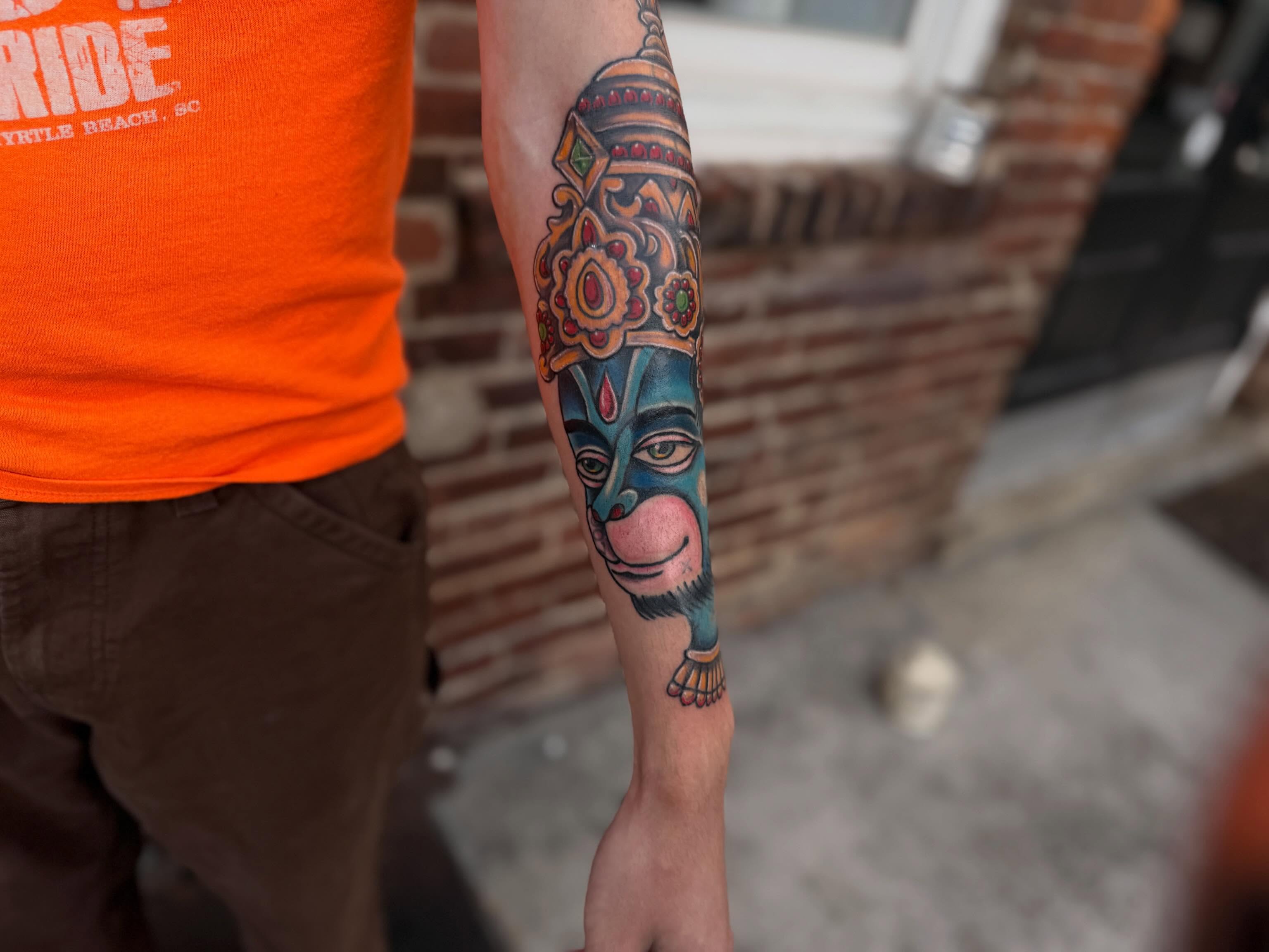 Mask American traditional tattoo on the forearm by π©Έβ βοΈ ππππ βοΈ βπ©Έ
