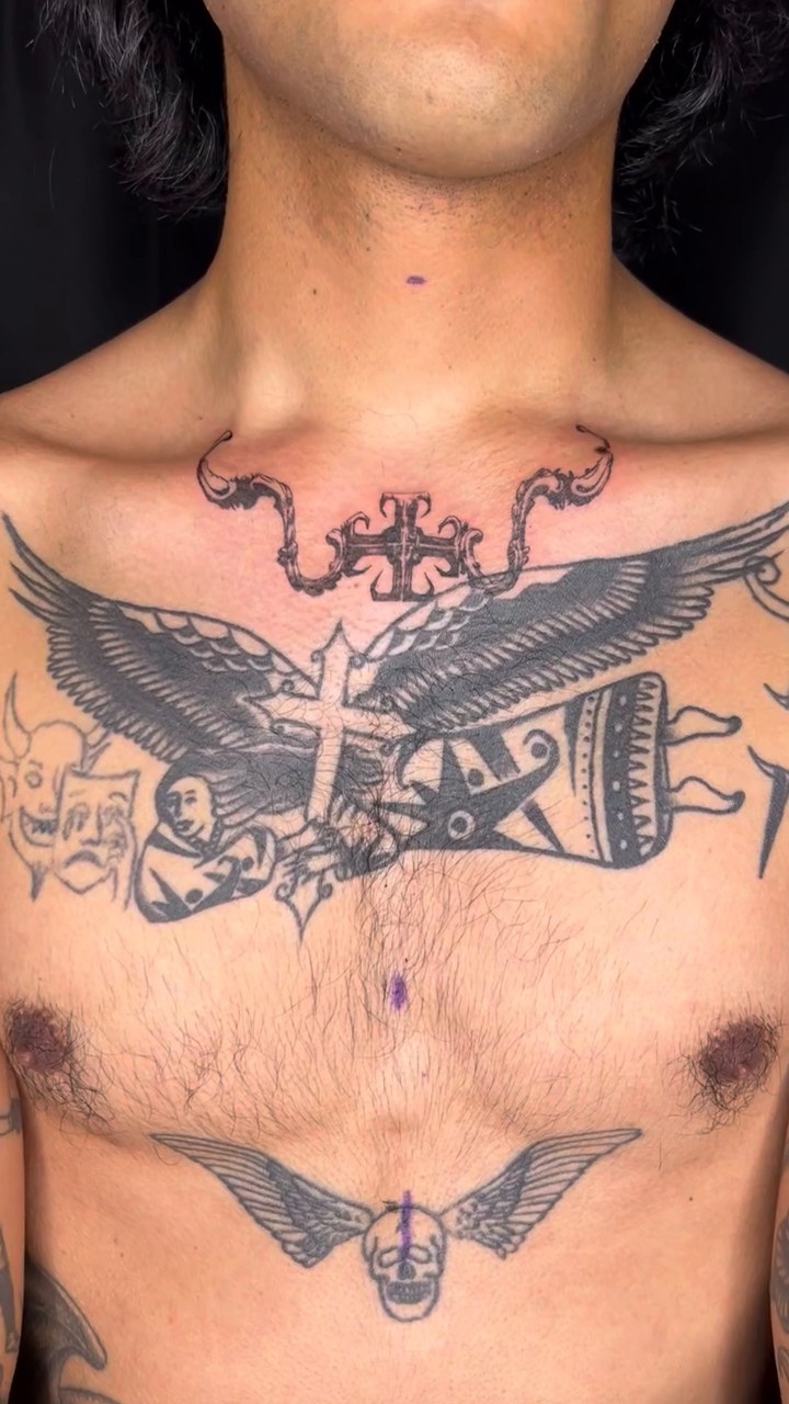 Eagle and cross with wings cyber sigilism tattoo on the forearm by Jadin Nichols