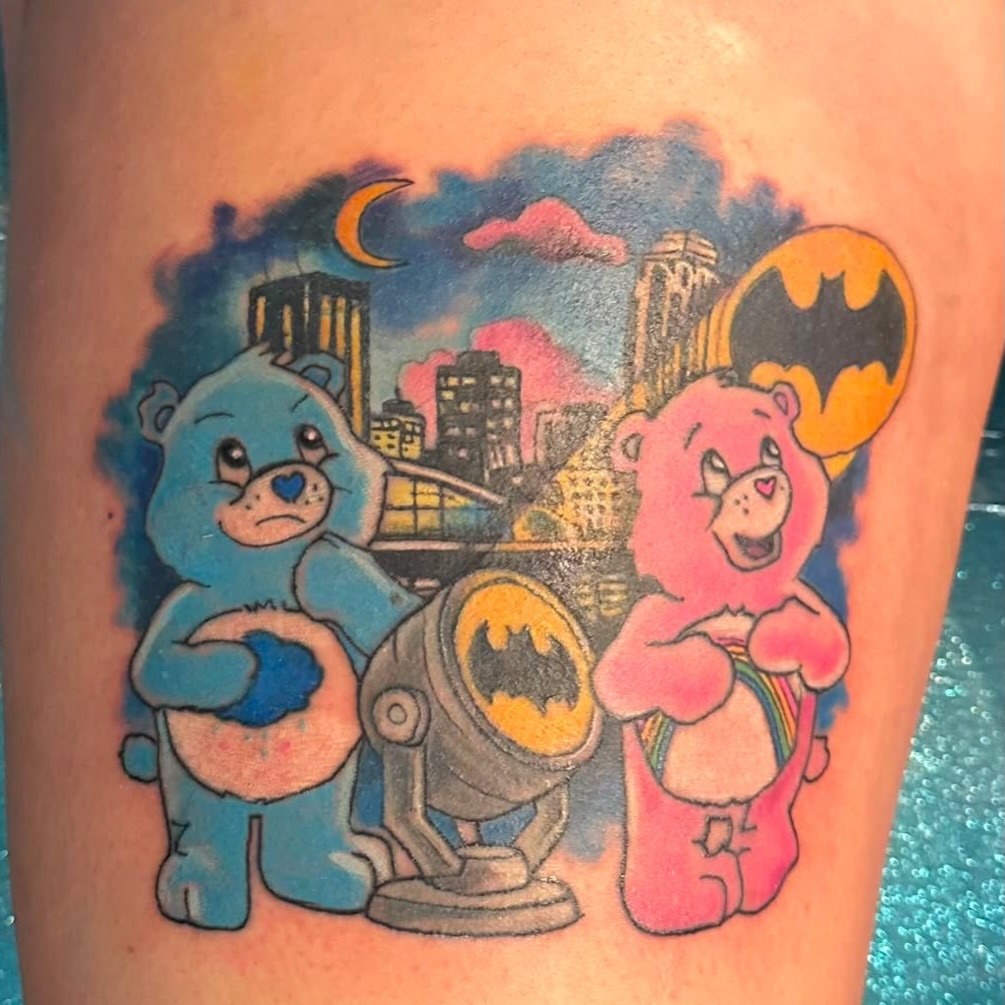 Care bears and batman dotwork tattoo on the thigh by Misty Dawn Brothers, Dayton, Ohio