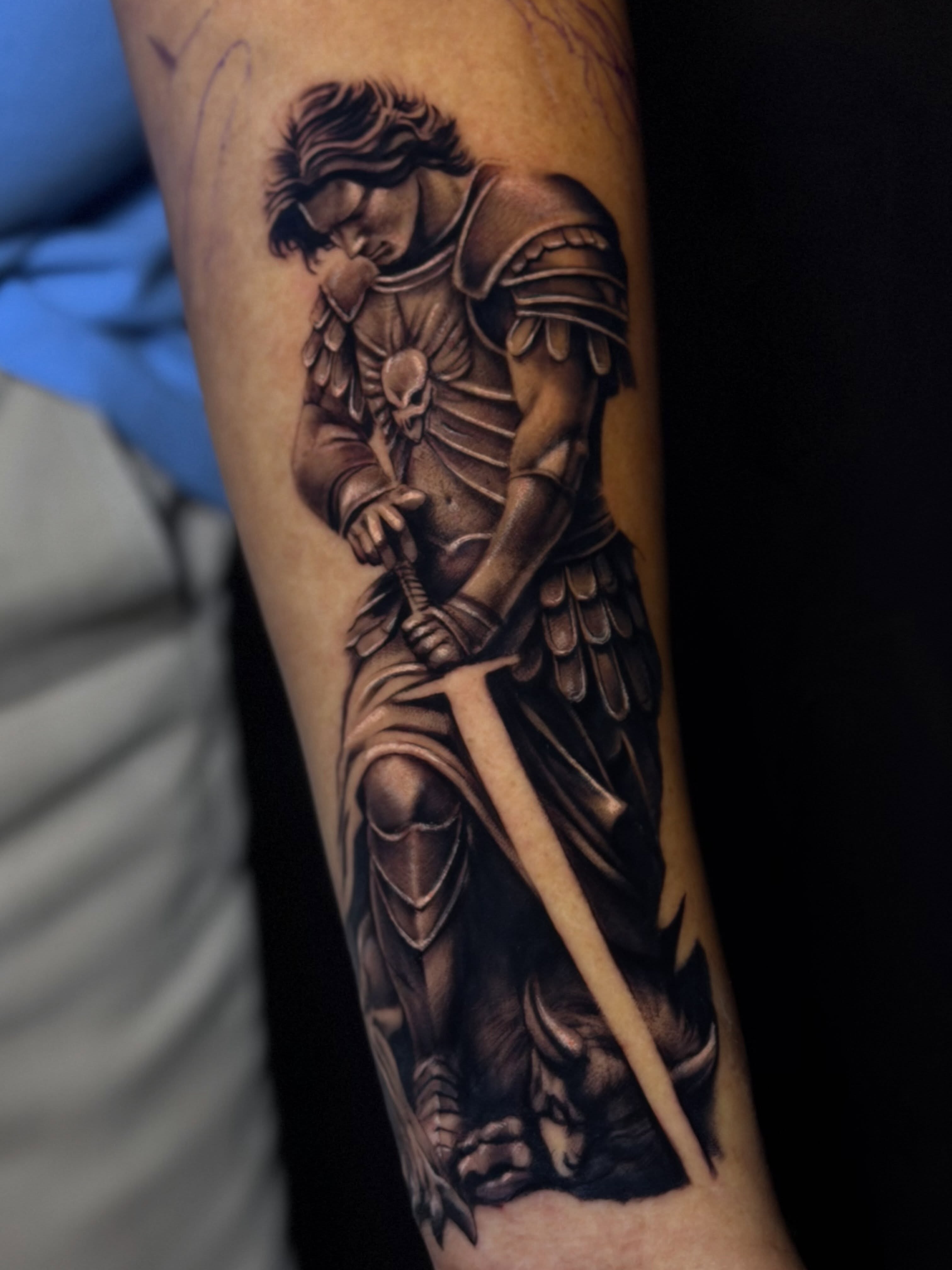 Warrior black and grey tattoo on the forearm by Matthew Arguello