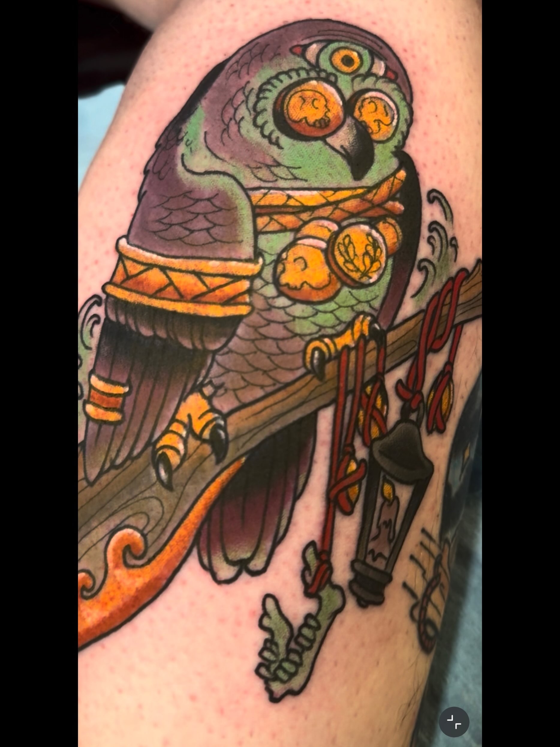 Owl American traditional tattoo on the forearm by Sean Wilcox, Des Moines, Iowa