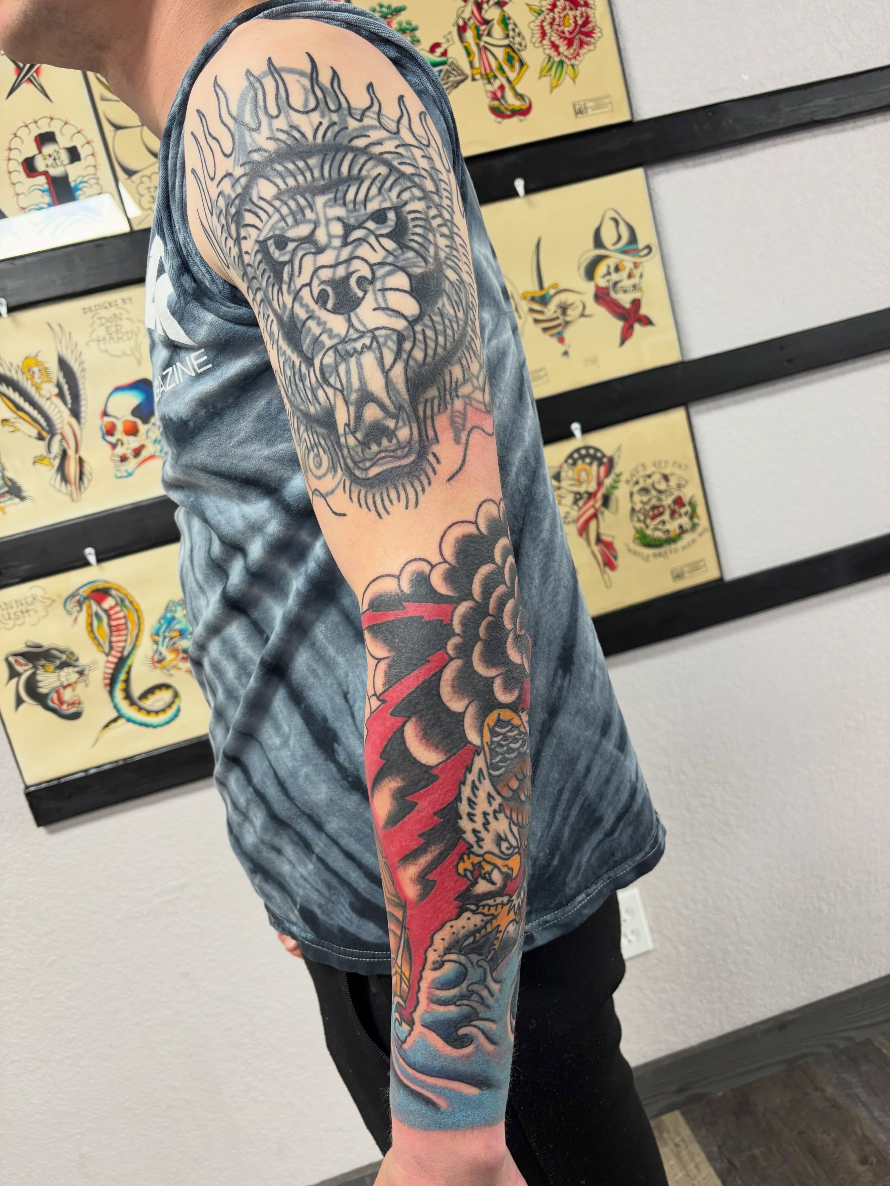 Lion American traditional tattoo on the forearm by Bold Will Hold ๐ค