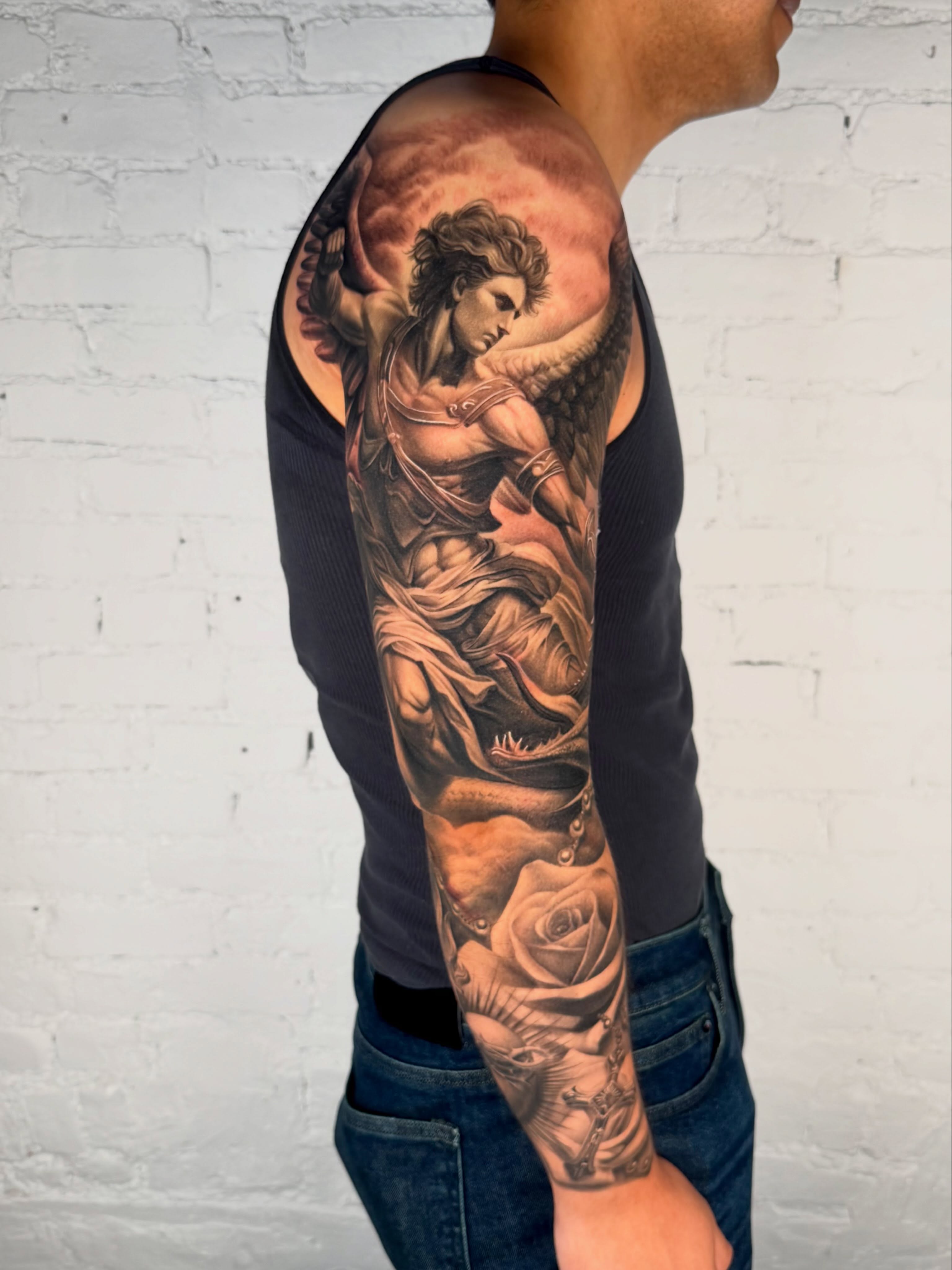 Mythical warrior realism tattoo on the upper arm by Reena Pho, Nashville, Tennessee