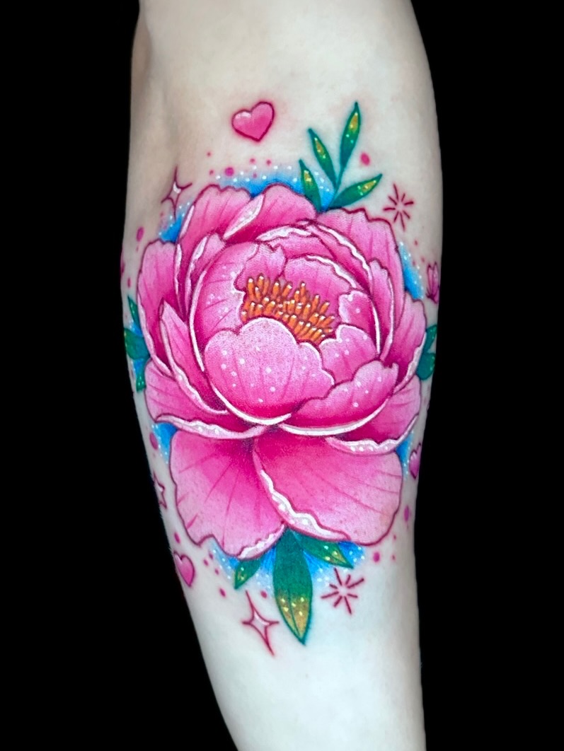 Peony new school tattoo on the forearm by Goga