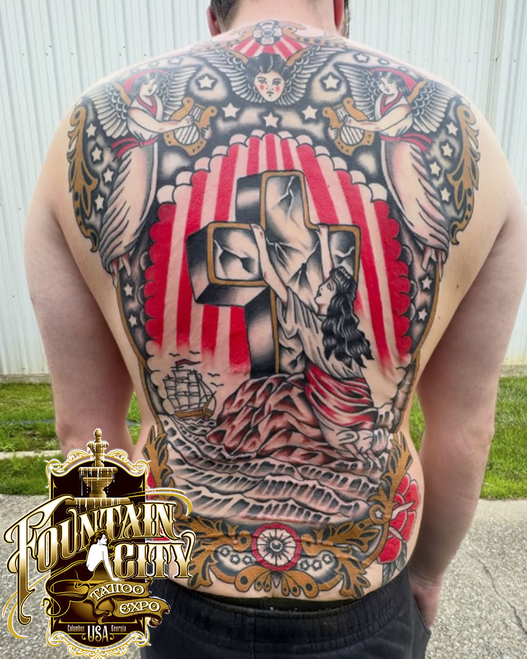 Religious scene American traditional tattoo on the back by Kenneth Gibson