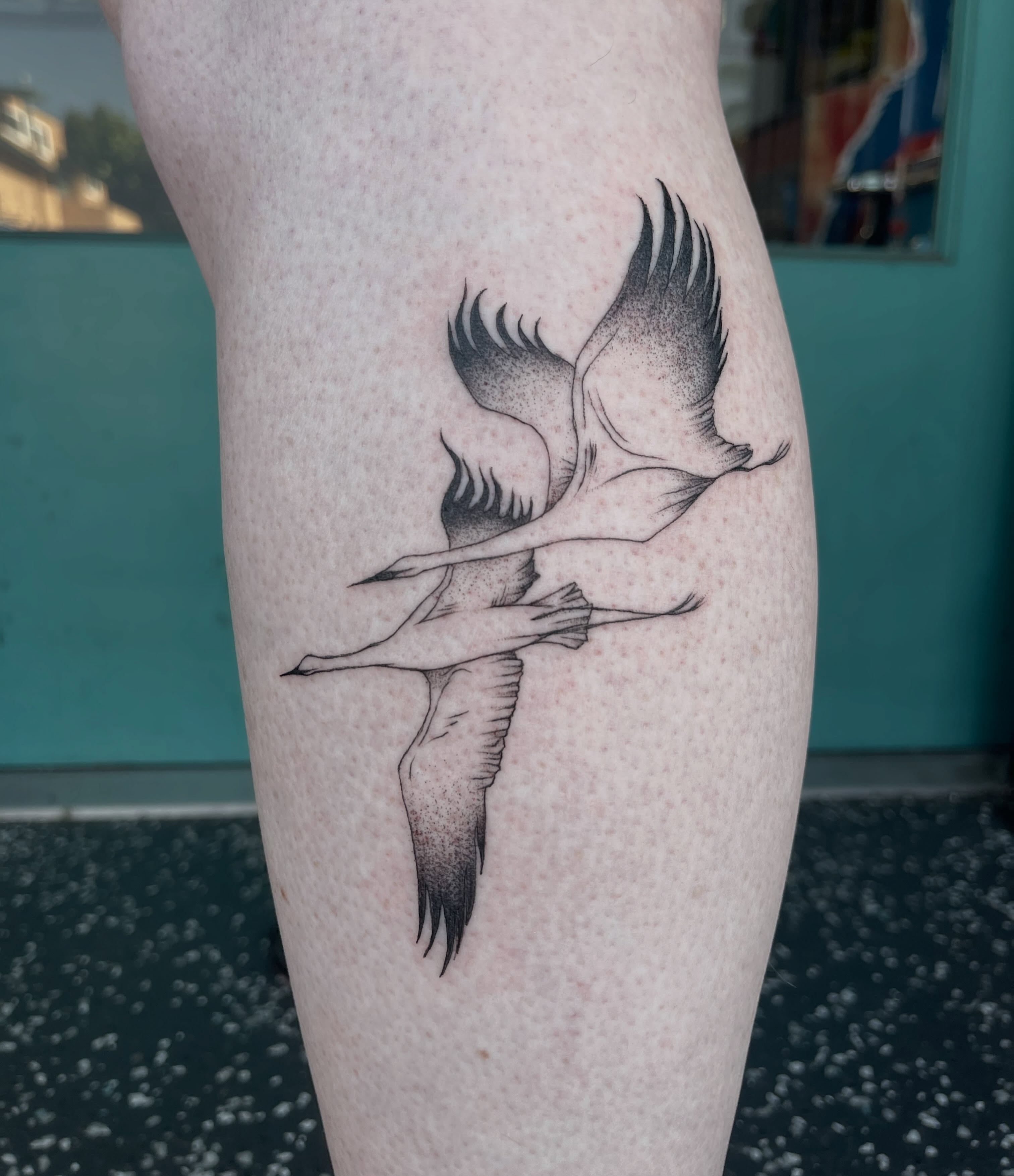 Cranes dotwork tattoo on the thigh by cindy ha soul son