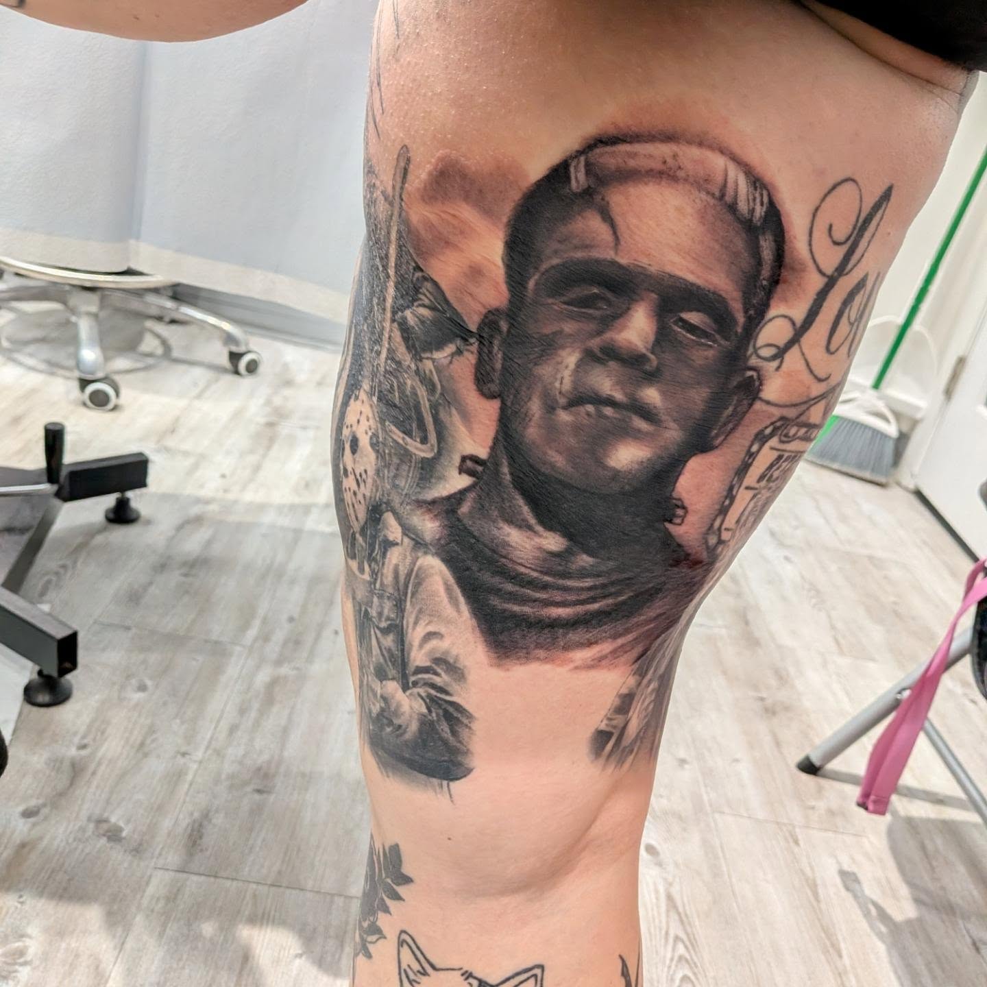 Frankenstein's monster realism tattoo on the forearm by Chris Bowen