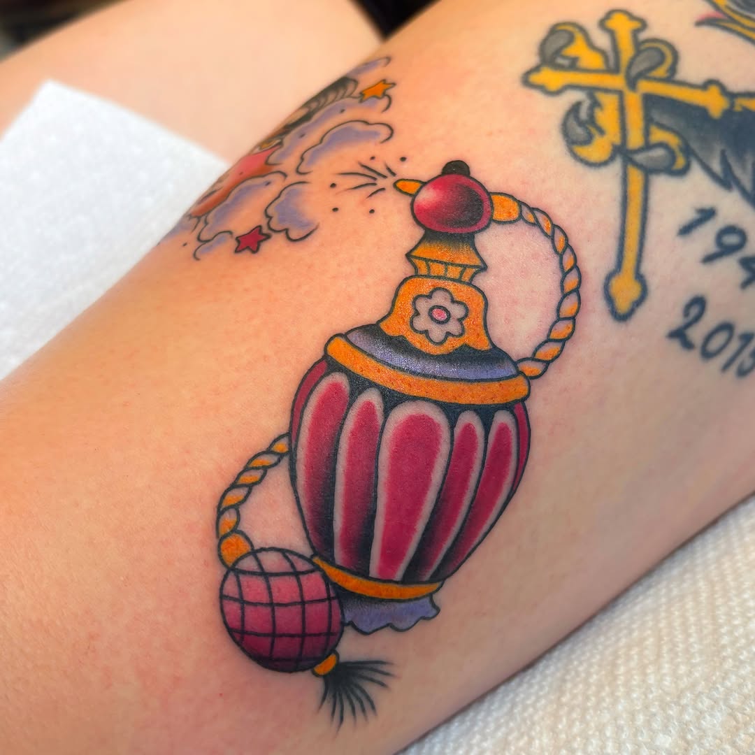 Hot air balloon American traditional tattoo on the forearm by Caeli Martin
