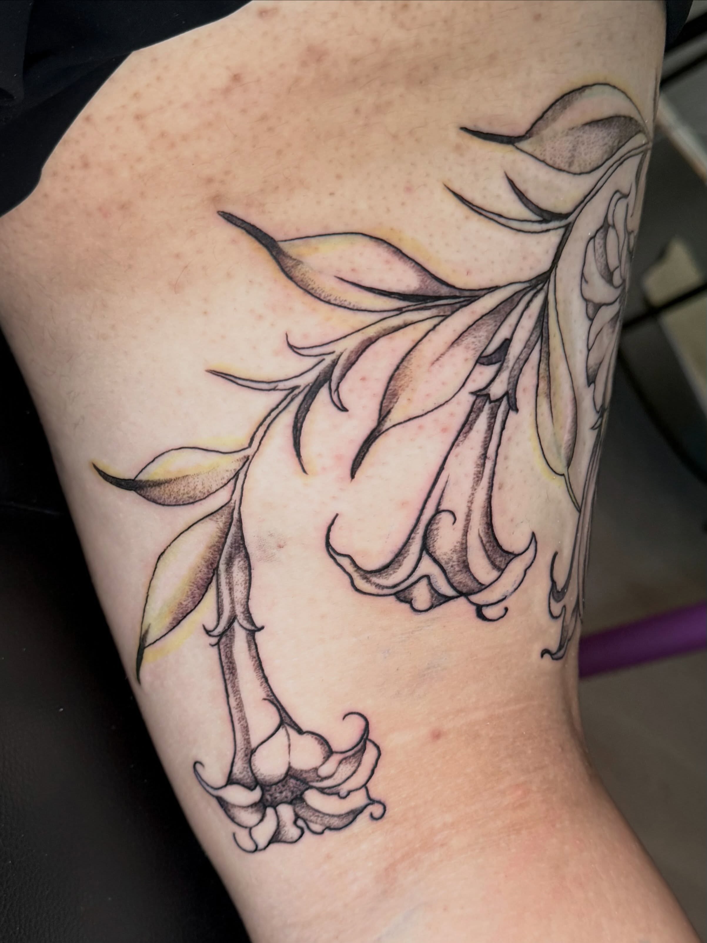 Lily black and grey tattoo on the forearm by Gigi