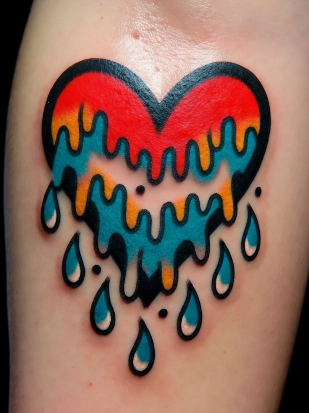 Melting heart new school tattoo on the thigh by BabyDoll, Dayton, Ohio