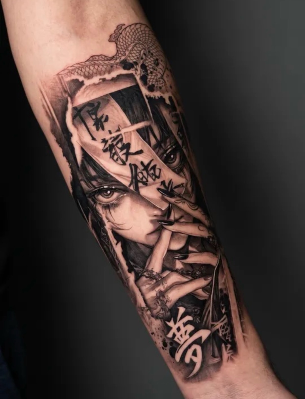 Anime character anime tattoo on the forearm by Mike Nance