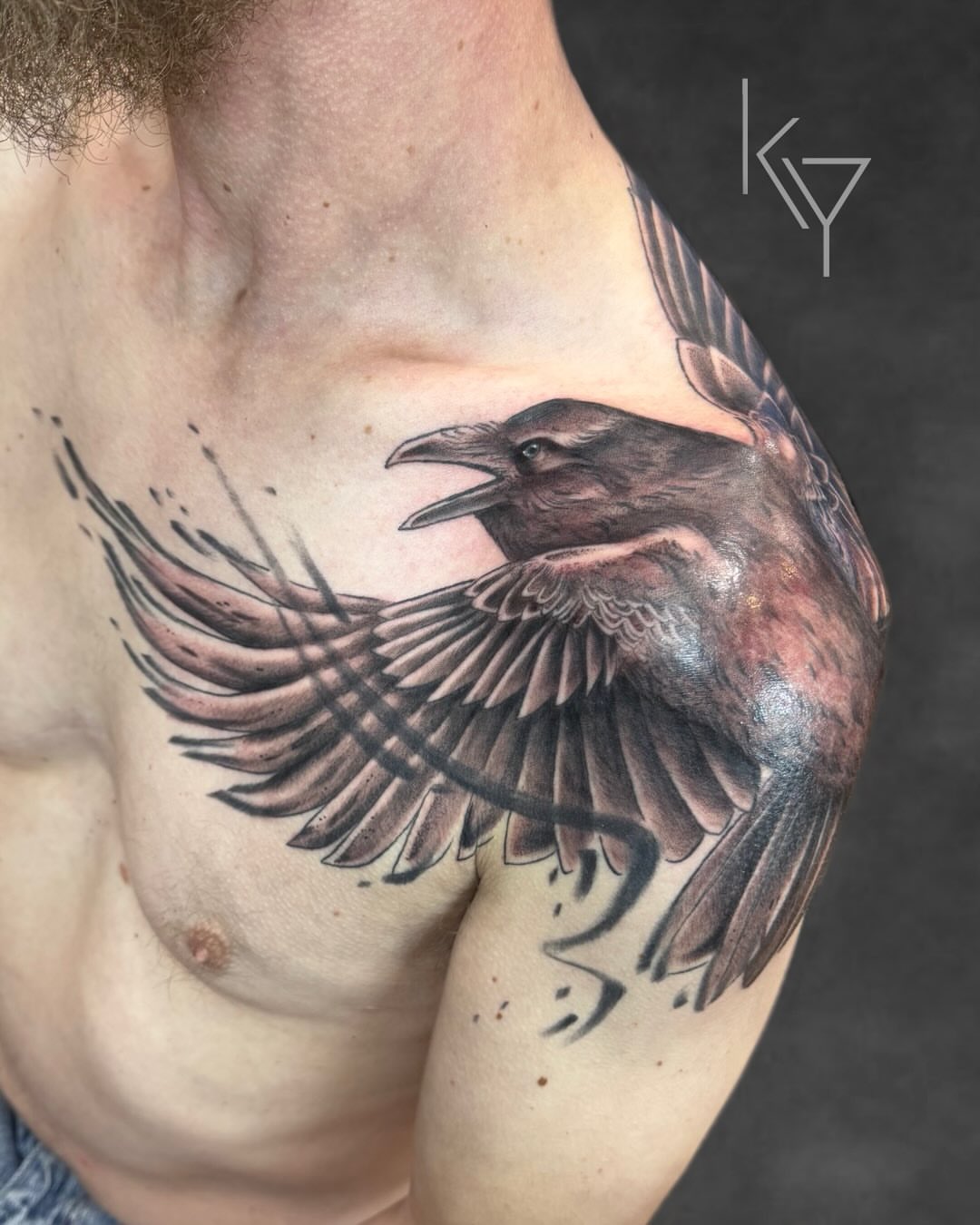 Crow realism tattoo on the chest by ..✨ K I R S T y y O R K ✨..