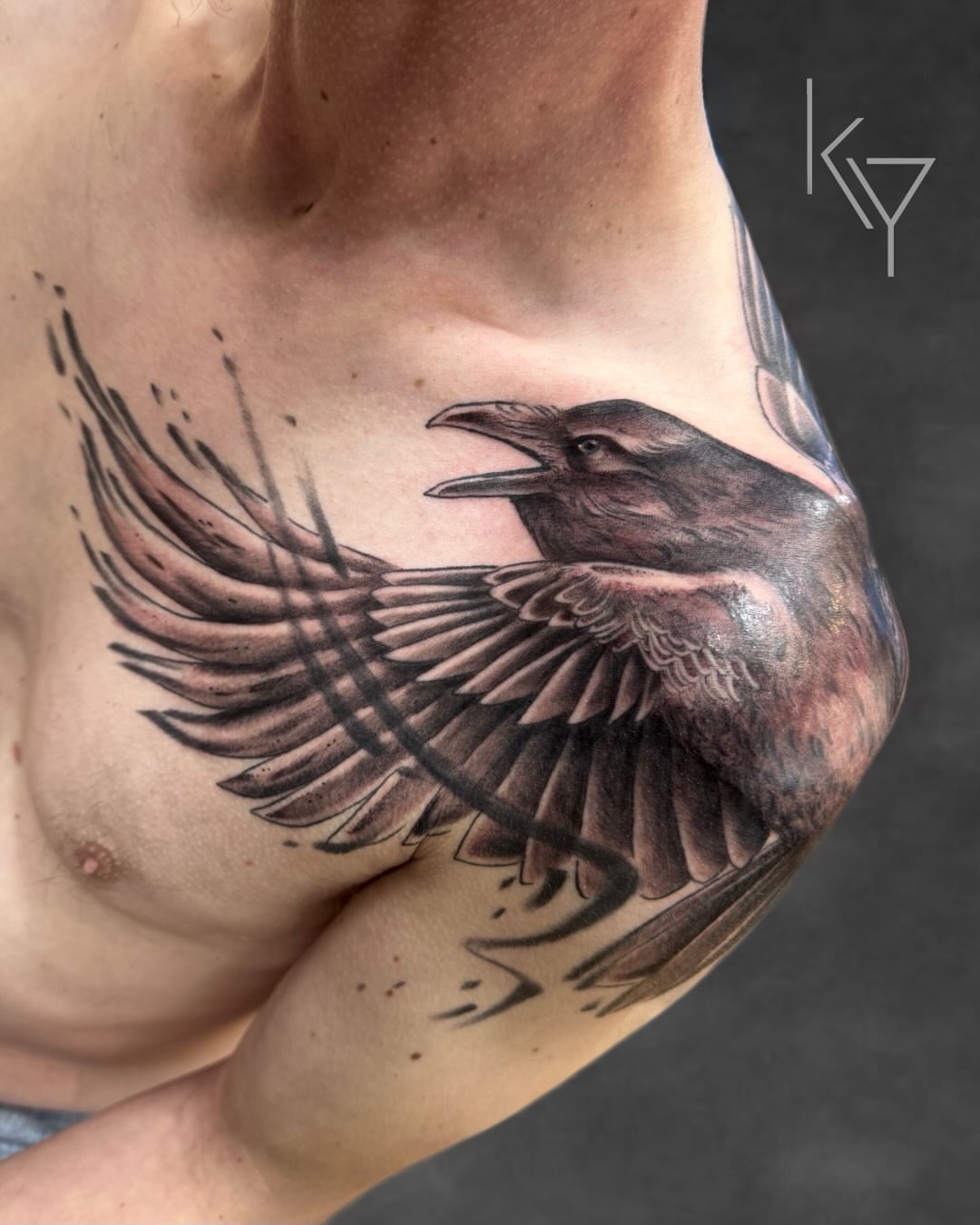 Crow realism tattoo on the chest by ..✨ K I R S T y y O R K ✨..