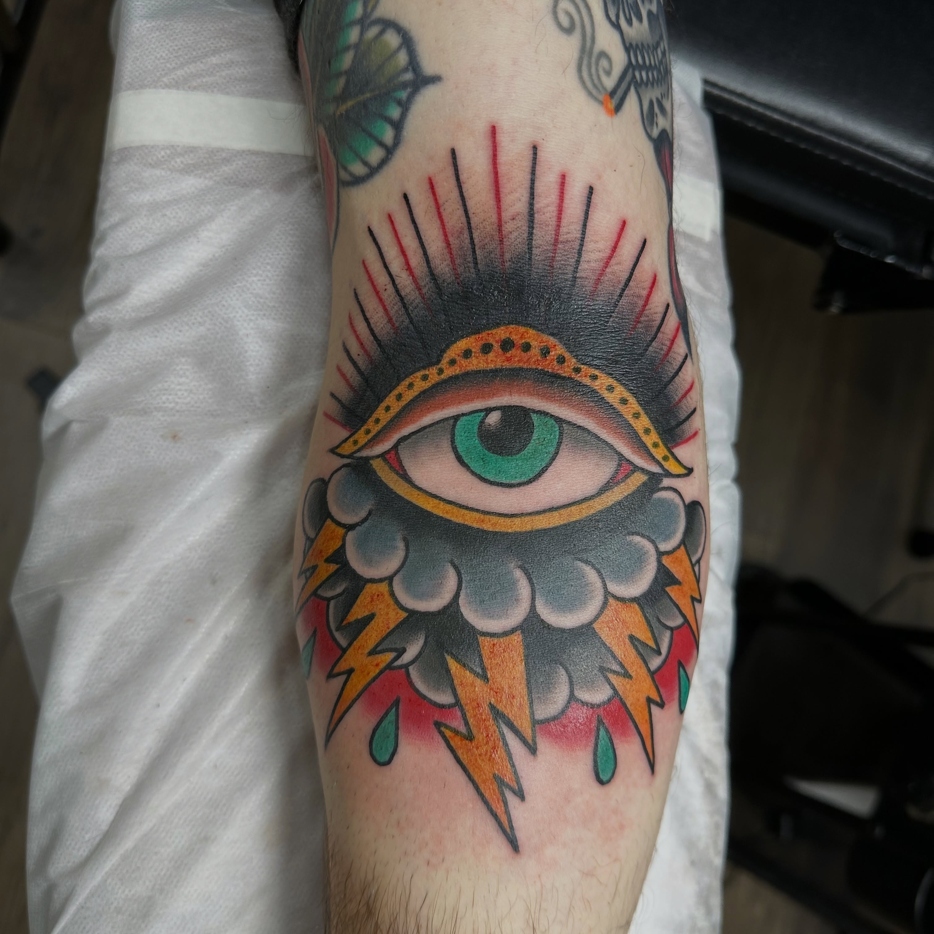 Eye with clouds American traditional tattoo on the forearm by Andy Sharik