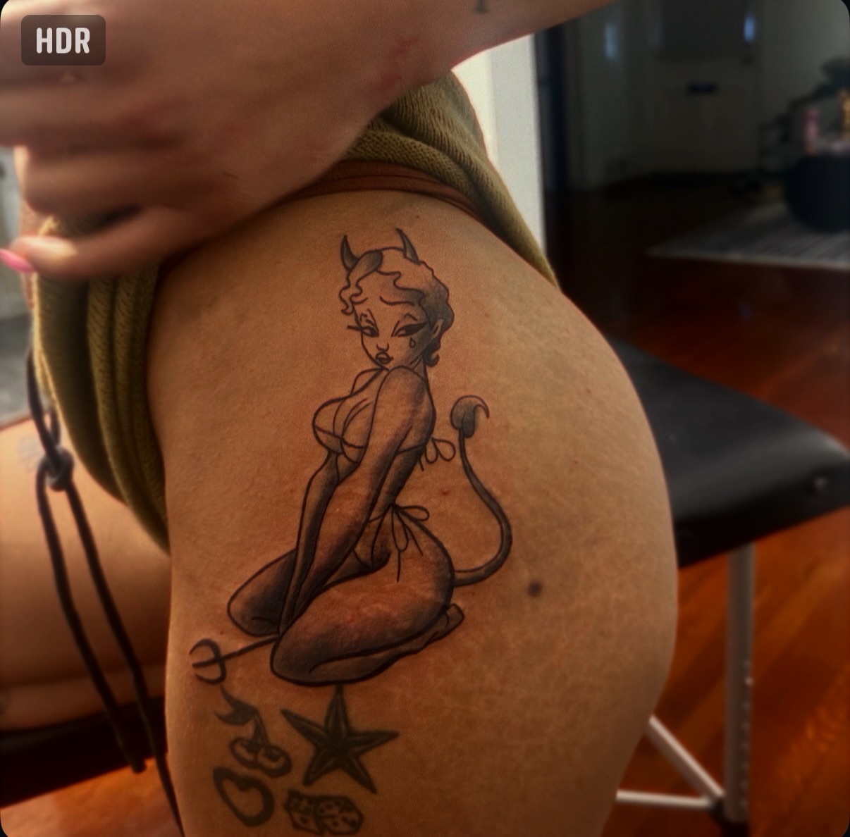 Pin-up devil girl American traditional tattoo on the shoulder by Lamb, Philadelphia, Pennsylvania