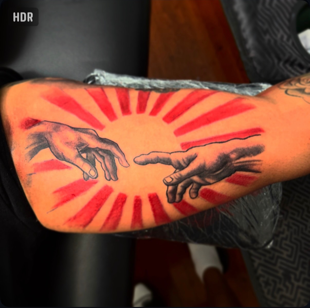 Hands neo-traditional tattoo on the forearm by Lamb, Philadelphia, Pennsylvania
